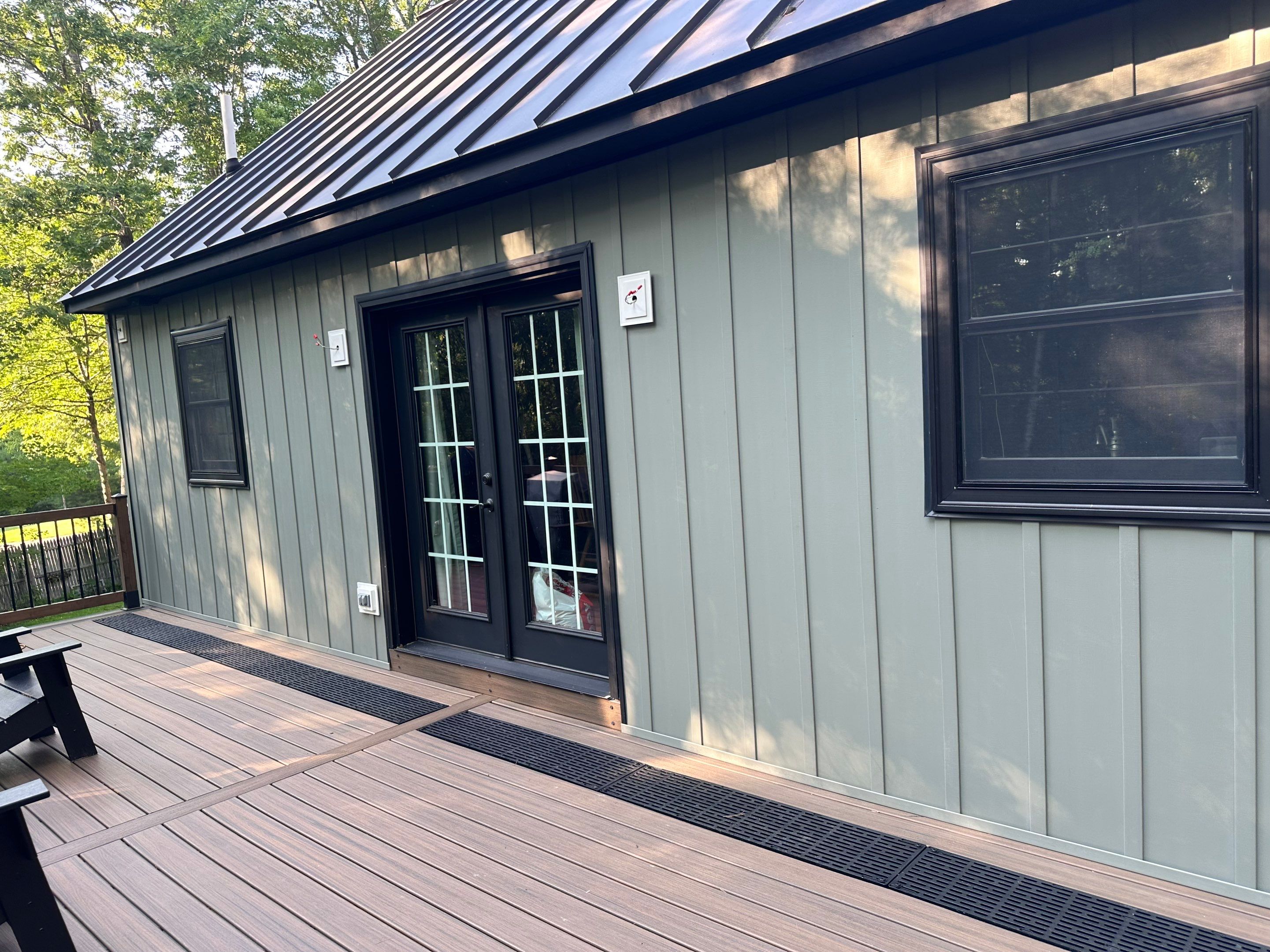 Sage Green Board and Batten Siding and Deck Upgrade in Standish by Tall pine roofing