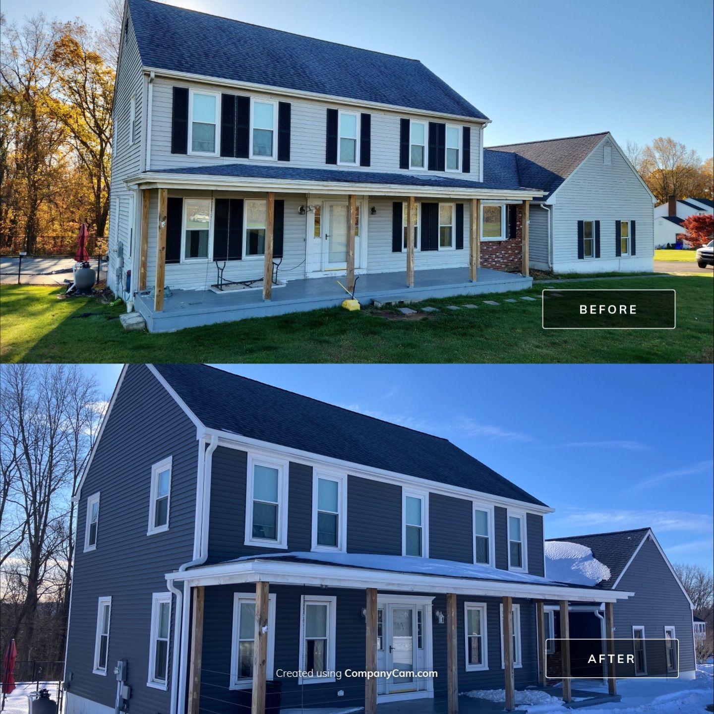 Drastic siding color change with Cert. Monogram D/4 x 12'6" clapboard, Smoky Gray by DiGiorgi Roofing and Siding Inc