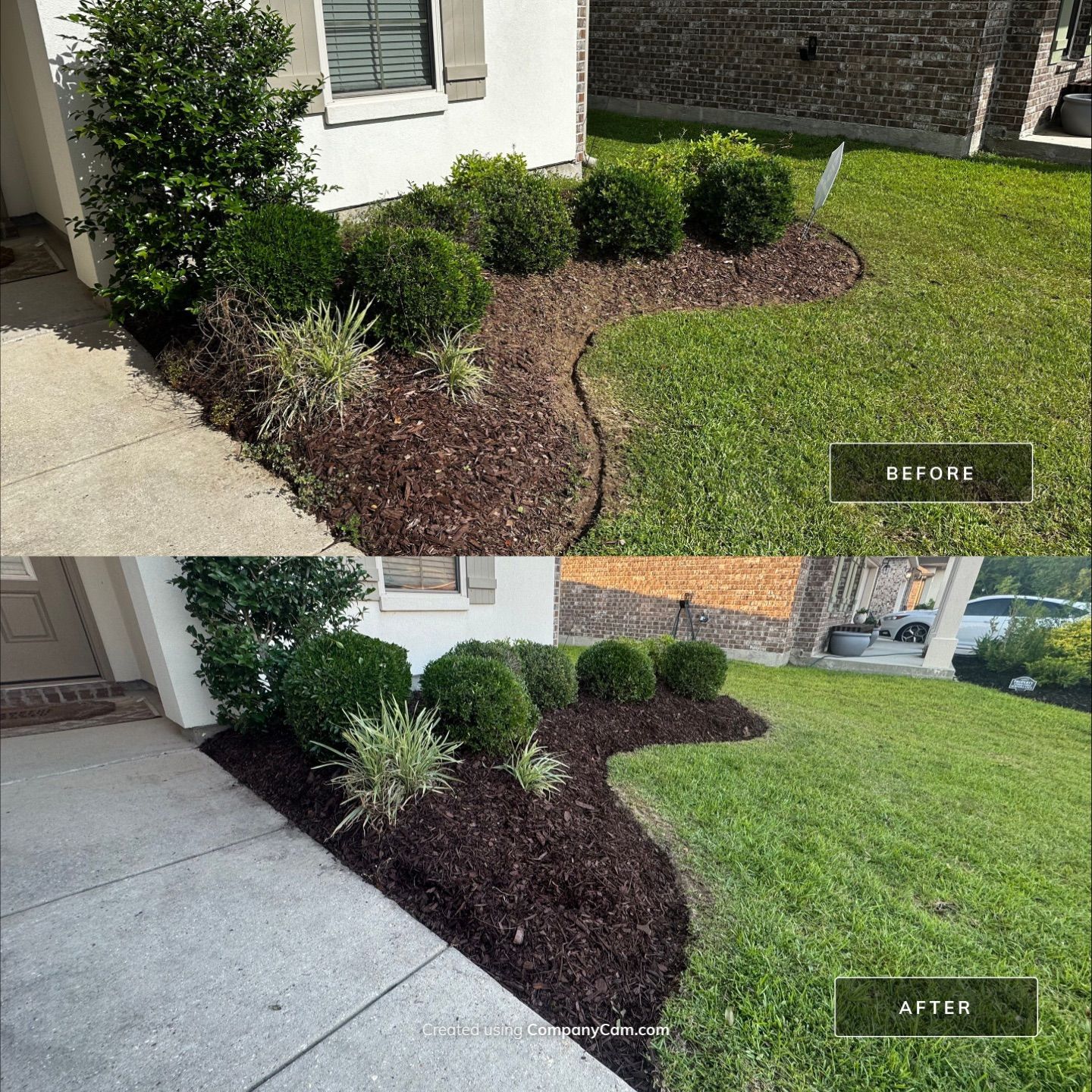 LANDSCAPE SERVICES: DEMO / BED PREP / CUT IN BED EDGES / MULCH INSTALL using BROWN MULCH "BARK BRITE" by CutScape, LLC.