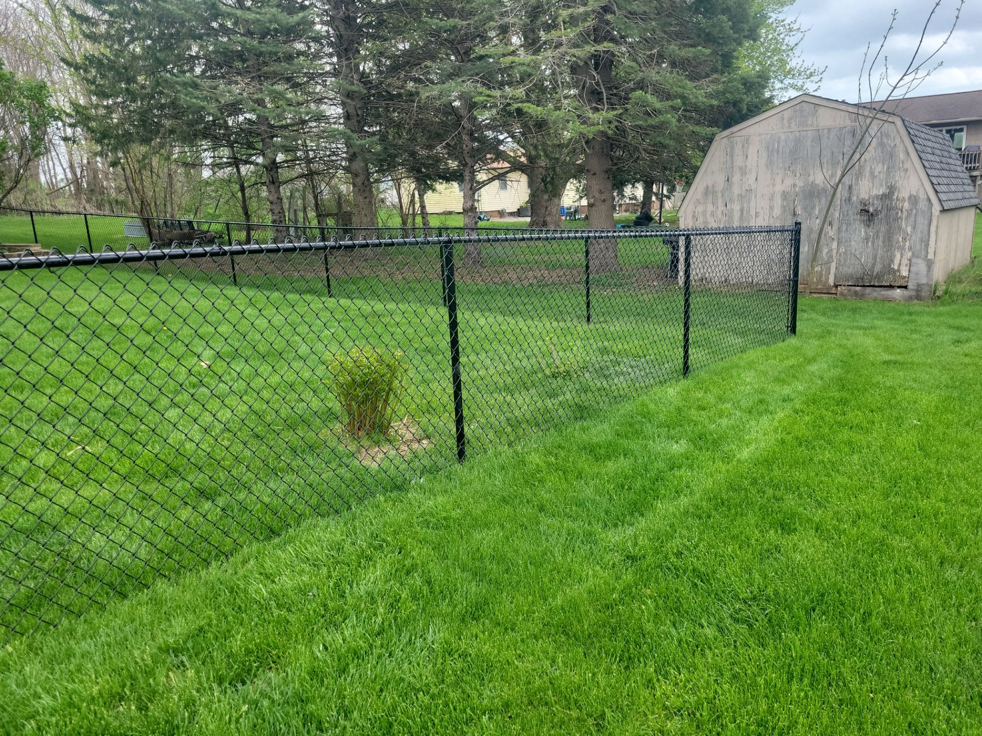 Residential Black Vinyl-Coated Chain Link Perimeter Fence in Garwin by Perfect Picket Fence and Stain