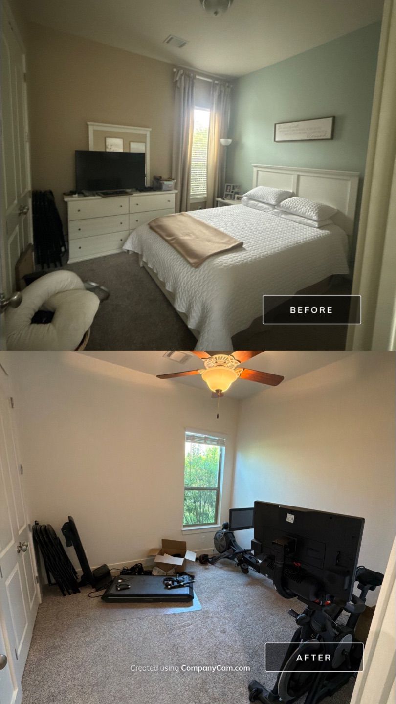 Before and after photo of a bedroom repainted by Hill Country Painting in Liberty Hill, TX