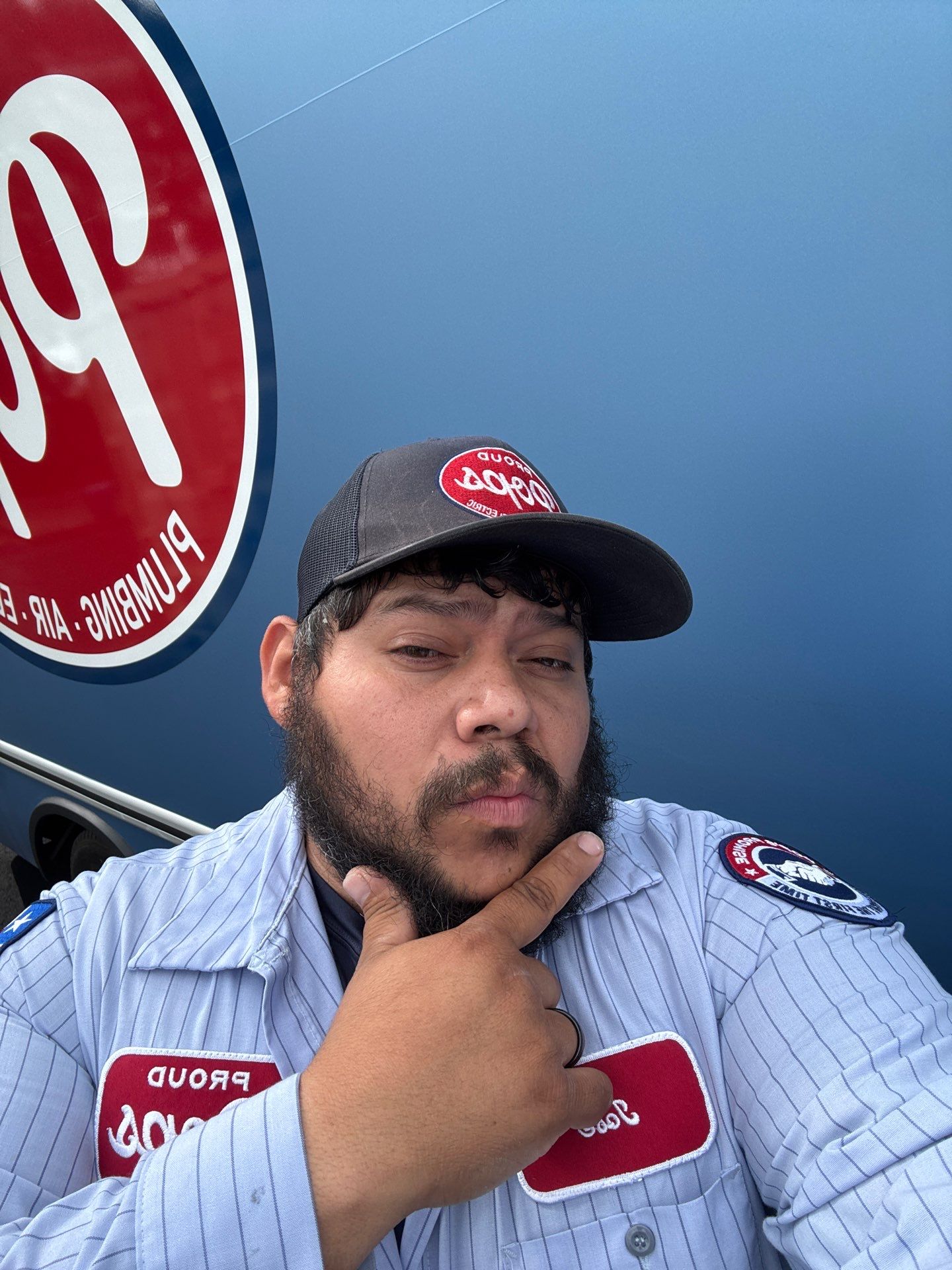 Taking Pride in our Work, Electrician Jose shows off his Clean Truck. by Proud Pops