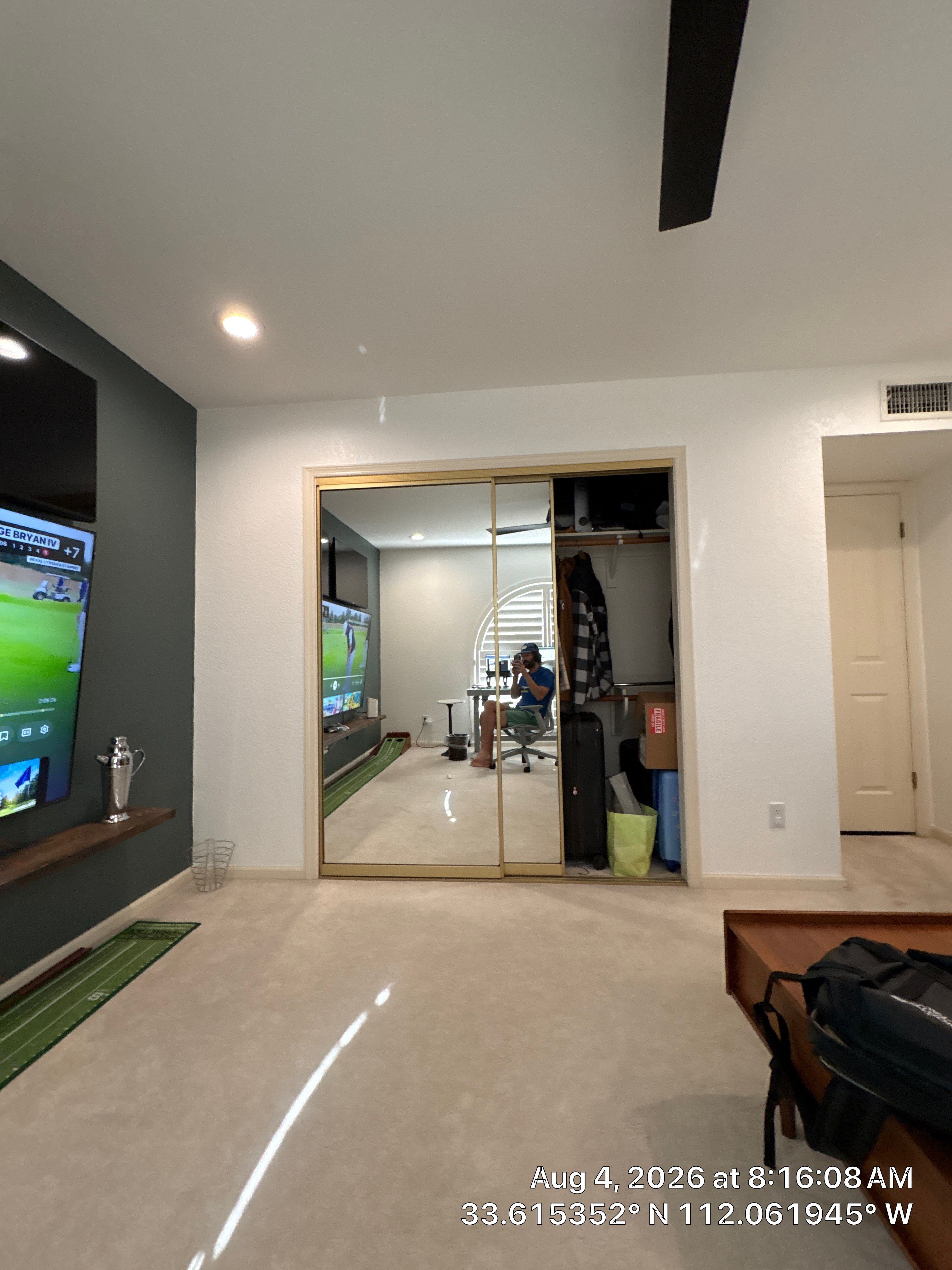 Phoenix Home Office Setup with Custom Arched Plantation Shutters by CompanyCam Sales Demo