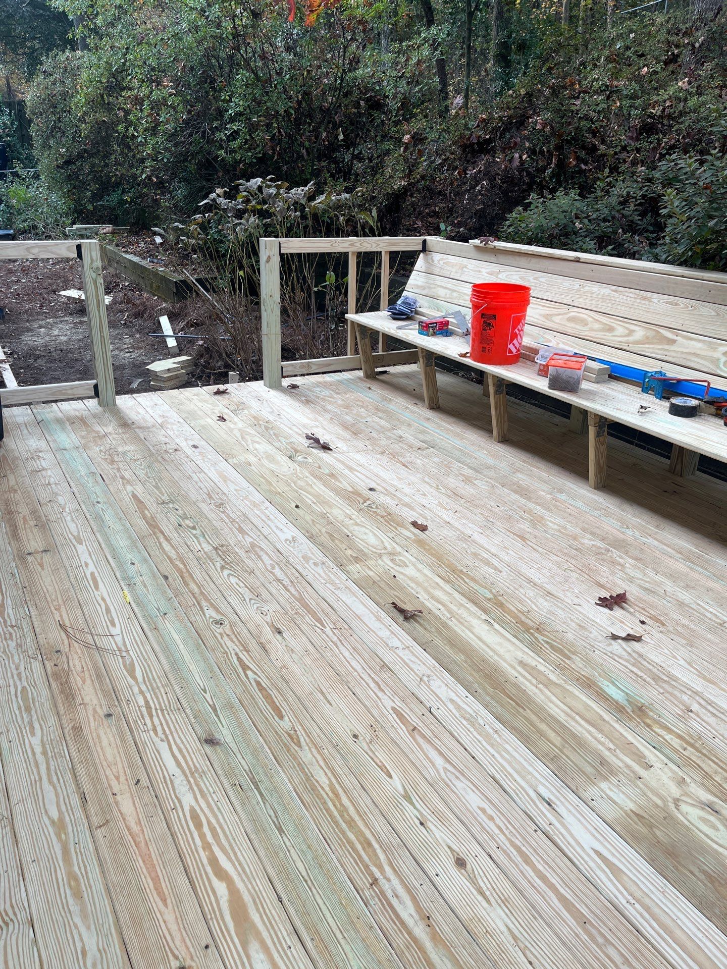 Deck Resurface with Wood Bench Install Using Pressure Treated Pine by Nelson Exteriors