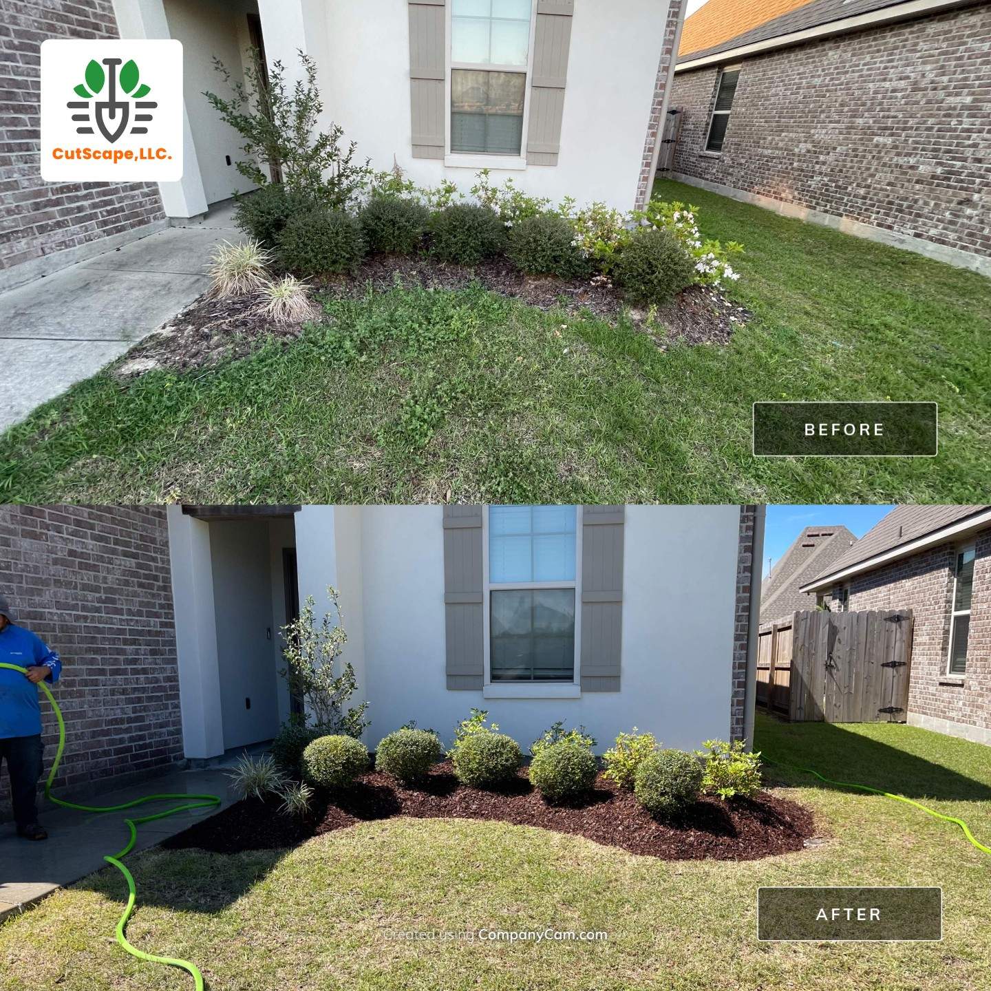LANDSCAPE SERVICES: DEMO / BED PREP / CUT IN BED EDGES / MULCH INSTALL using BROWN MULCH "BARK BRITE" by CutScape, LLC.
