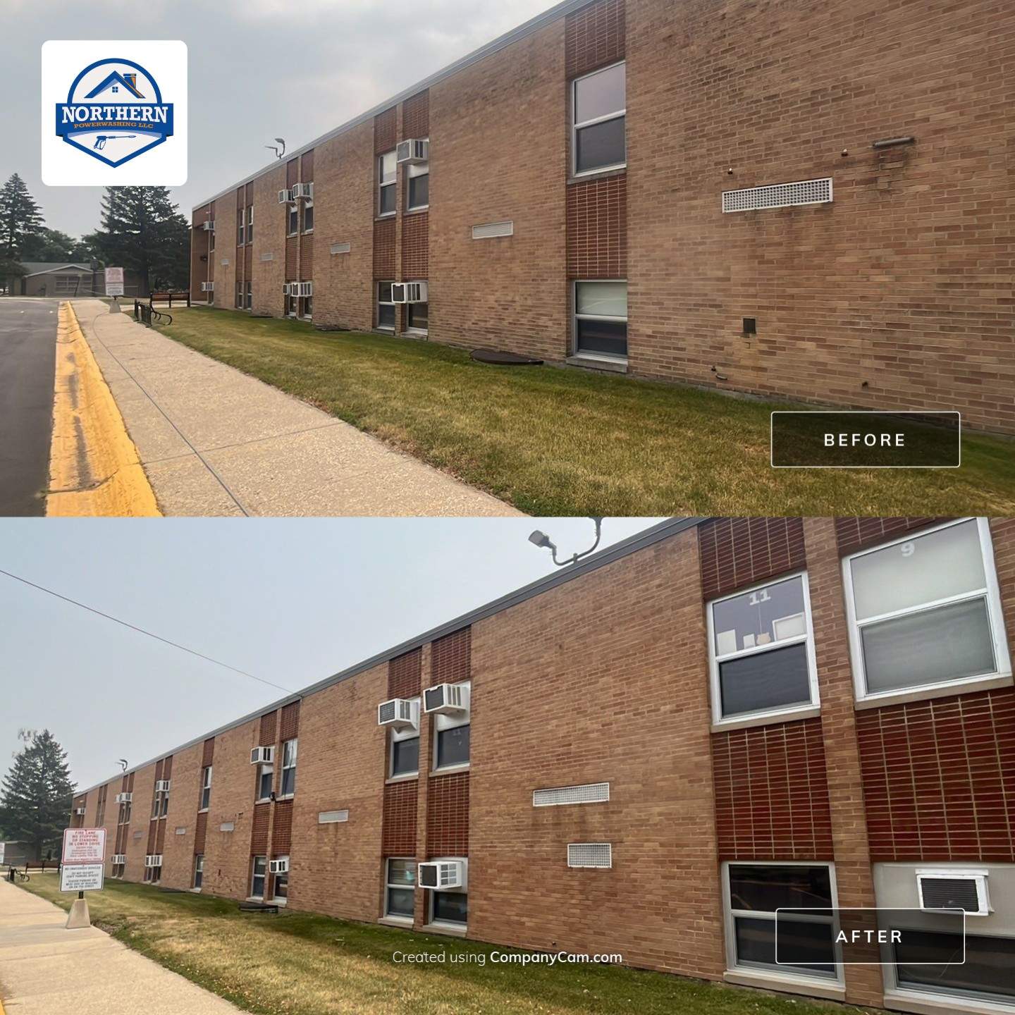 Commercial brick exterior cleaning by Northern Power Washing LLC.