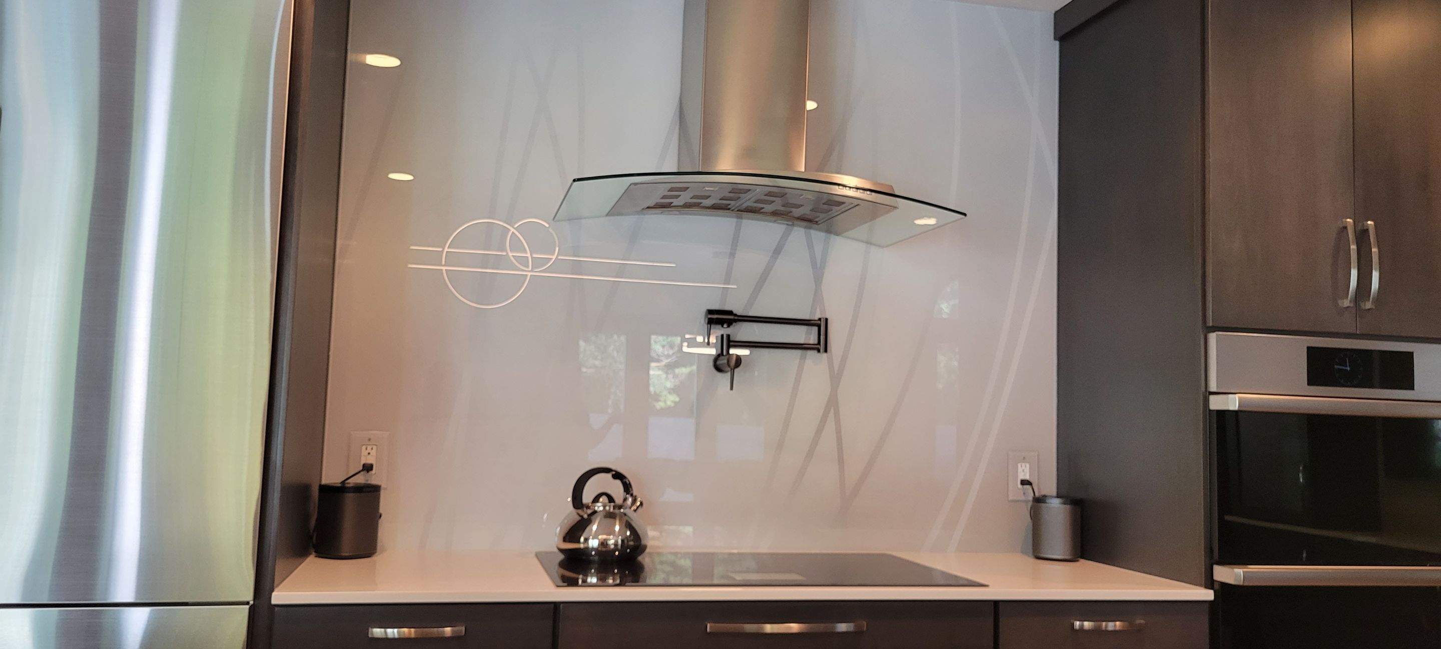 Kitchen Remodel using IMAGIO Misty Curves Solid Glass Backsplash by IMAGIO