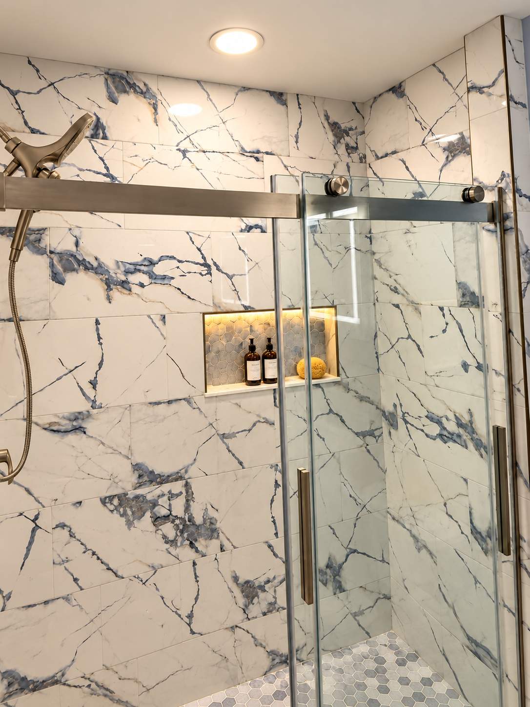 Modern Spa-Inspired Bathroom Remodel with Marble-Look Walk-In Shower by Remodel Now