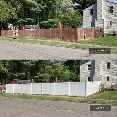 Replacement fence with White Vinyl Privacy and matching gates. 