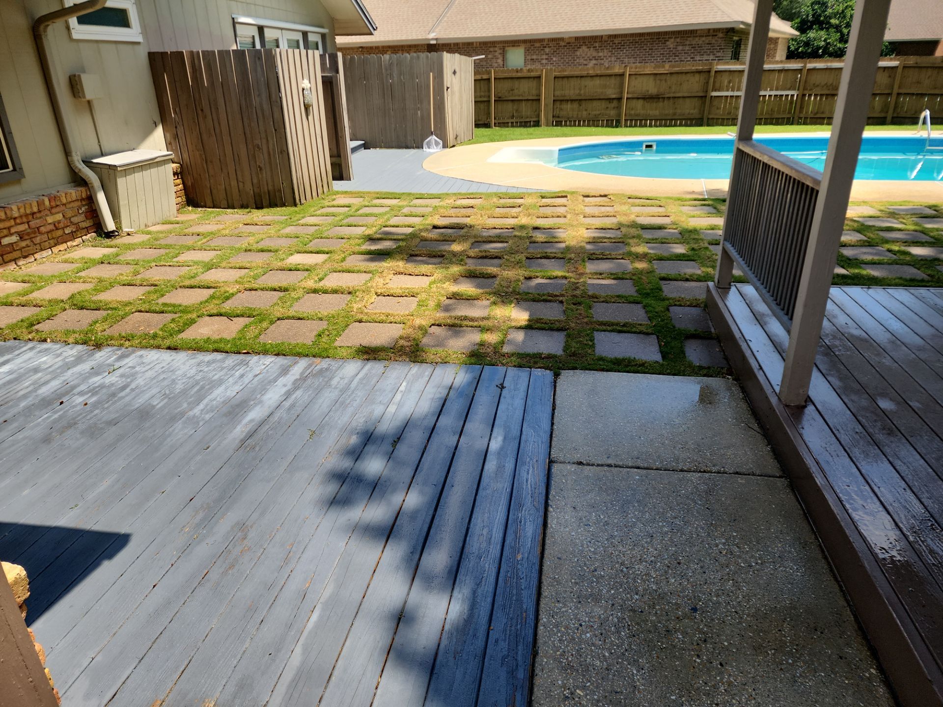 Concrete Wooden Deck Stone Pavers Grass Joints Cleaning Project