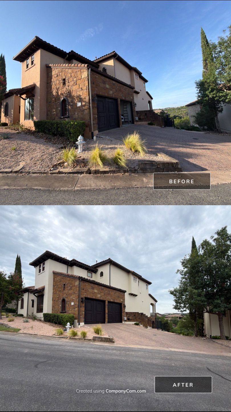 Before and after photo of a home's front elevation repainted by Hill Country Painting in Lakeway, TX