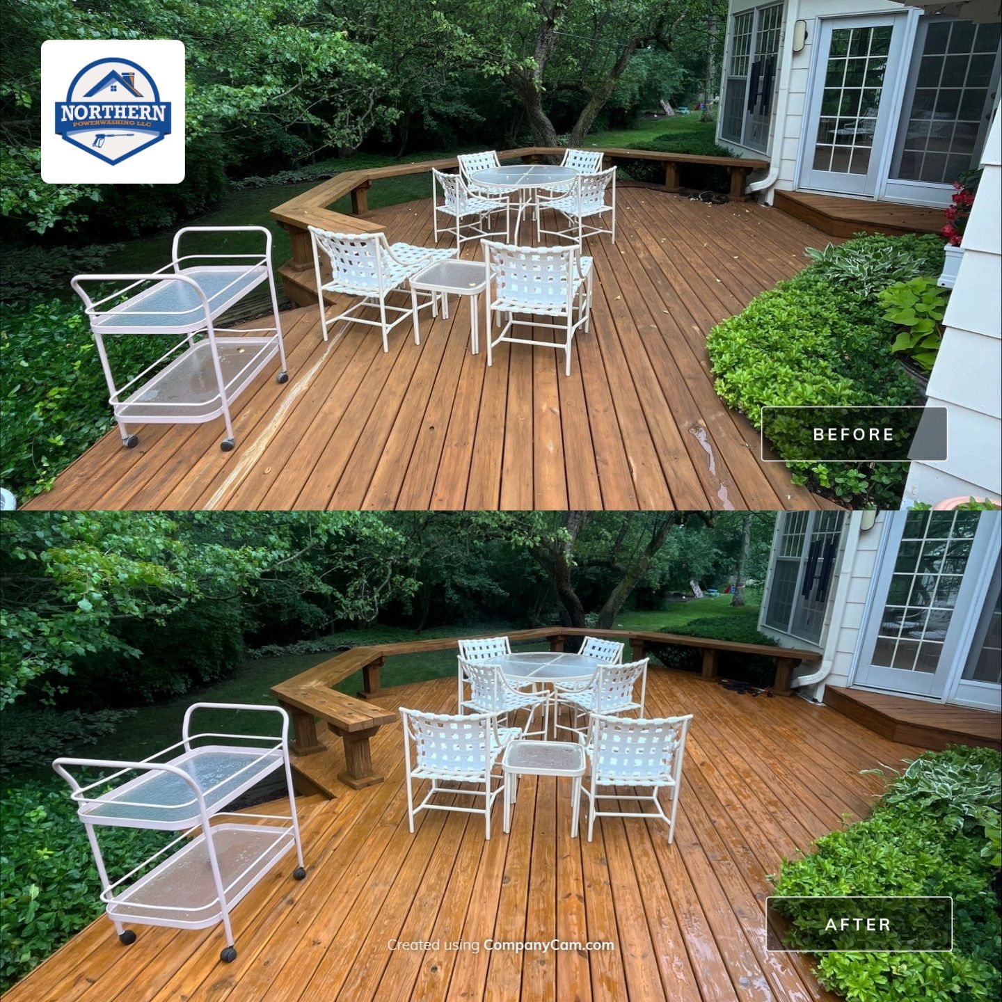 Wood cleaning and staining using Algaecide, soft wash soap by Northern Power Washing LLC.