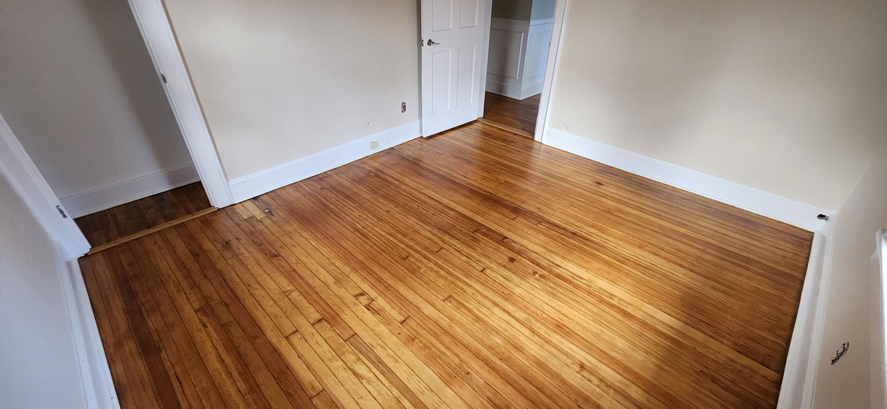 Sand & Refinish with Board Repair using Duraseal Golden Oak and Coffee Brown w/ Loba Satin Finish by Footprints Floors Morristown
