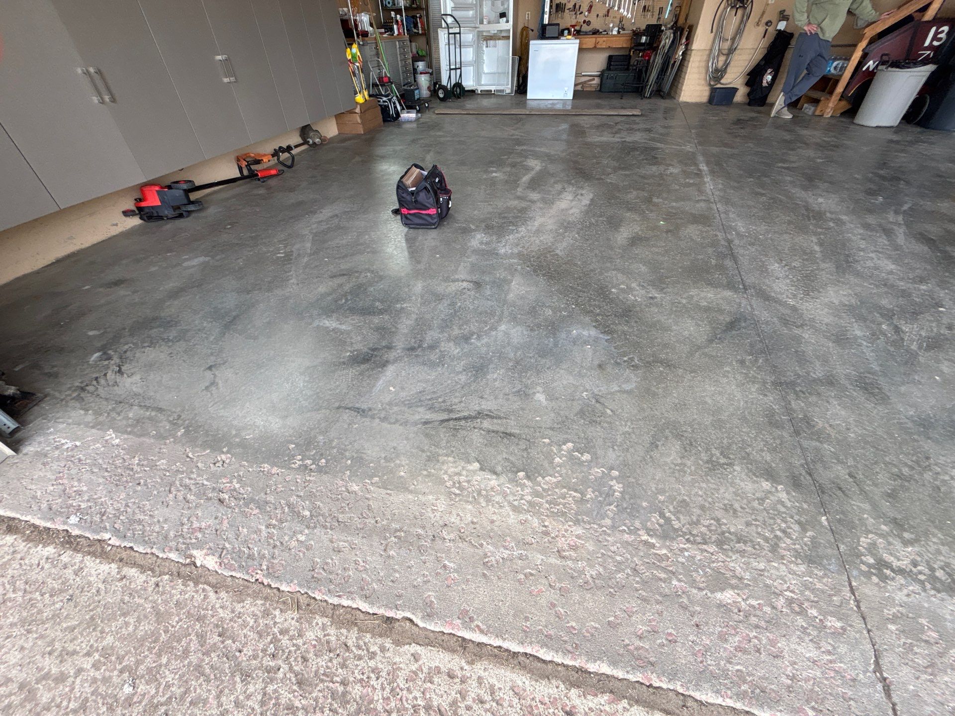 Residential Garage Floor Transformation with Speckled Epoxy Coating by Select Painting, Coatings & Garage Cabinets
