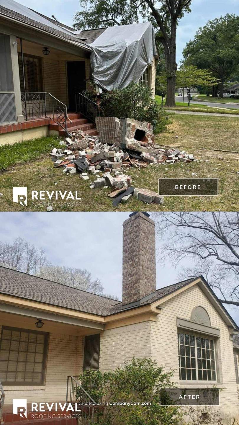 Residential Chimney Rebuild and Stone Veneer Installation in Memphis by Revival Roofing Services