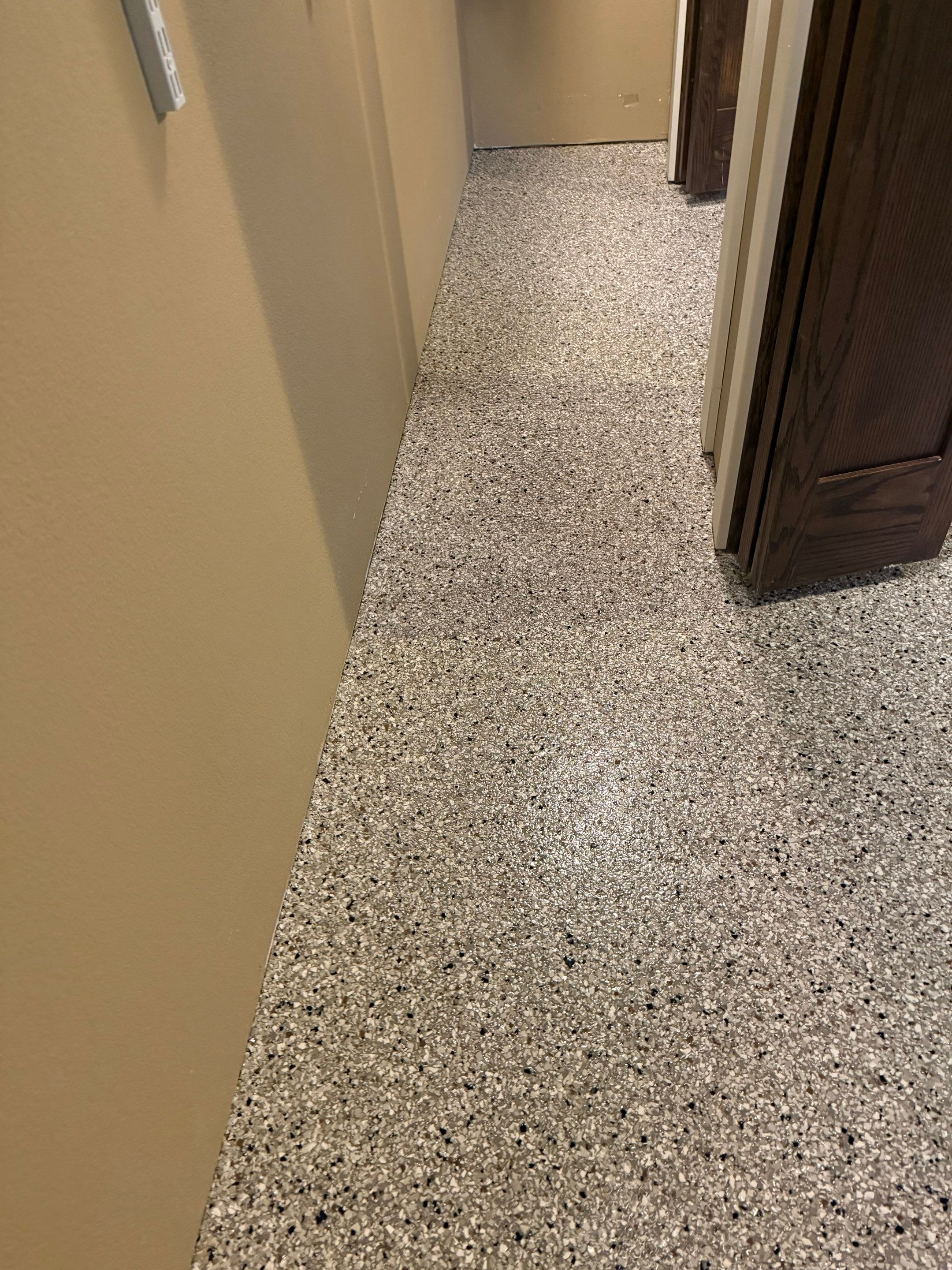 Decorative Flake Concrete Floor Coating for Larchwood Basement by Select Painting, Coatings & Garage Cabinets