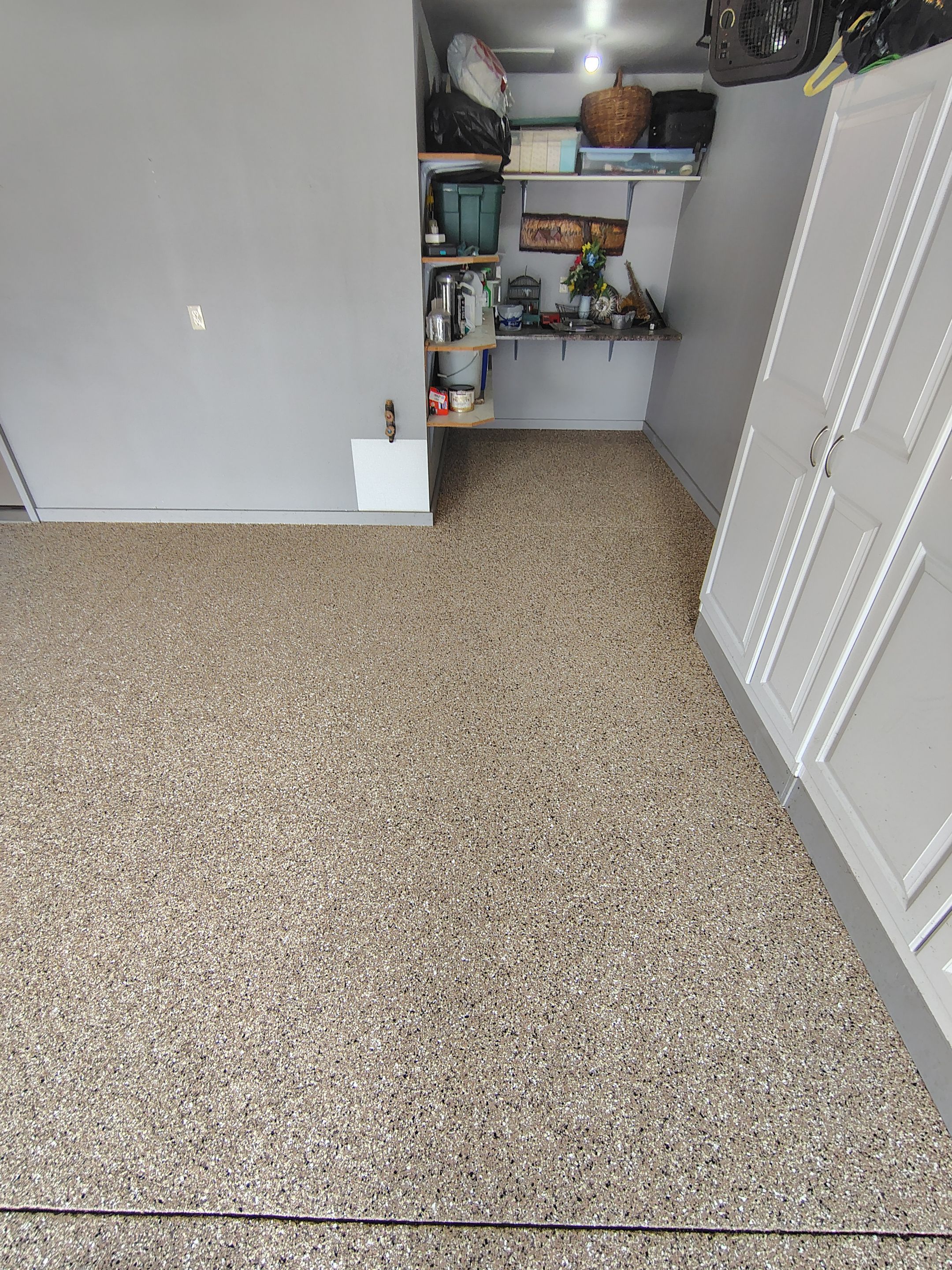 Multi-Colored Speckled Epoxy Concrete Coating for Residential Garage by Select Painting, Coatings & Garage Cabinets
