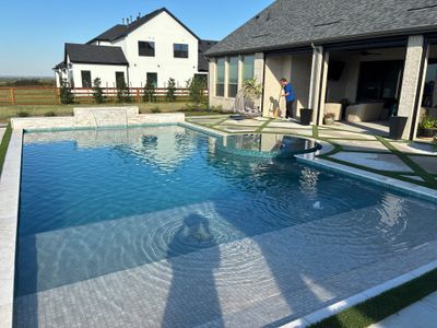 Modern Geometric Pool with Raised Spa, Fire Pit and Cedar Pavilion