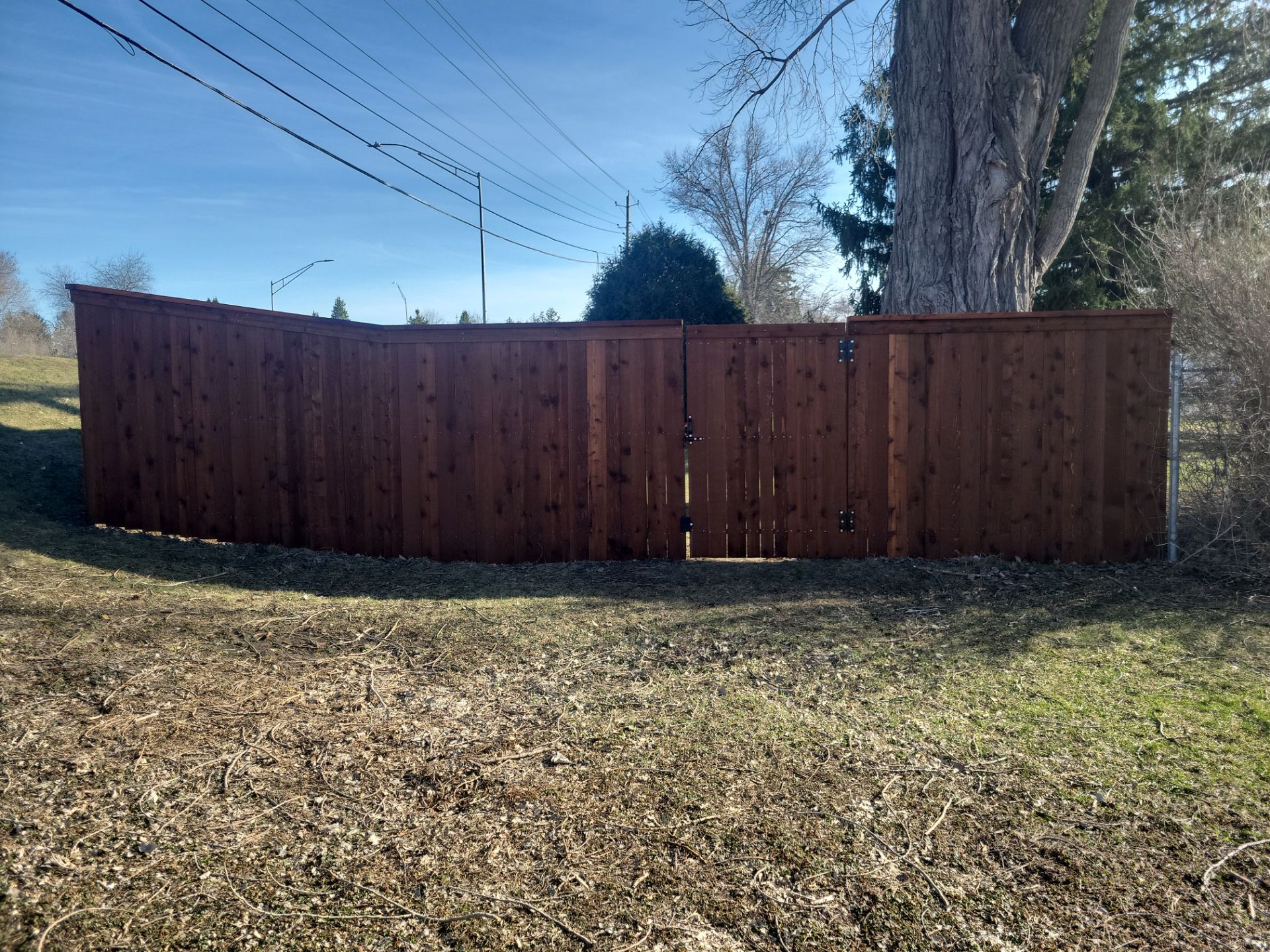 Custom Cedar Wood Privacy Fence with Double Gates and Integrated Planter Mailbox by Perfect Picket Fence and Stain