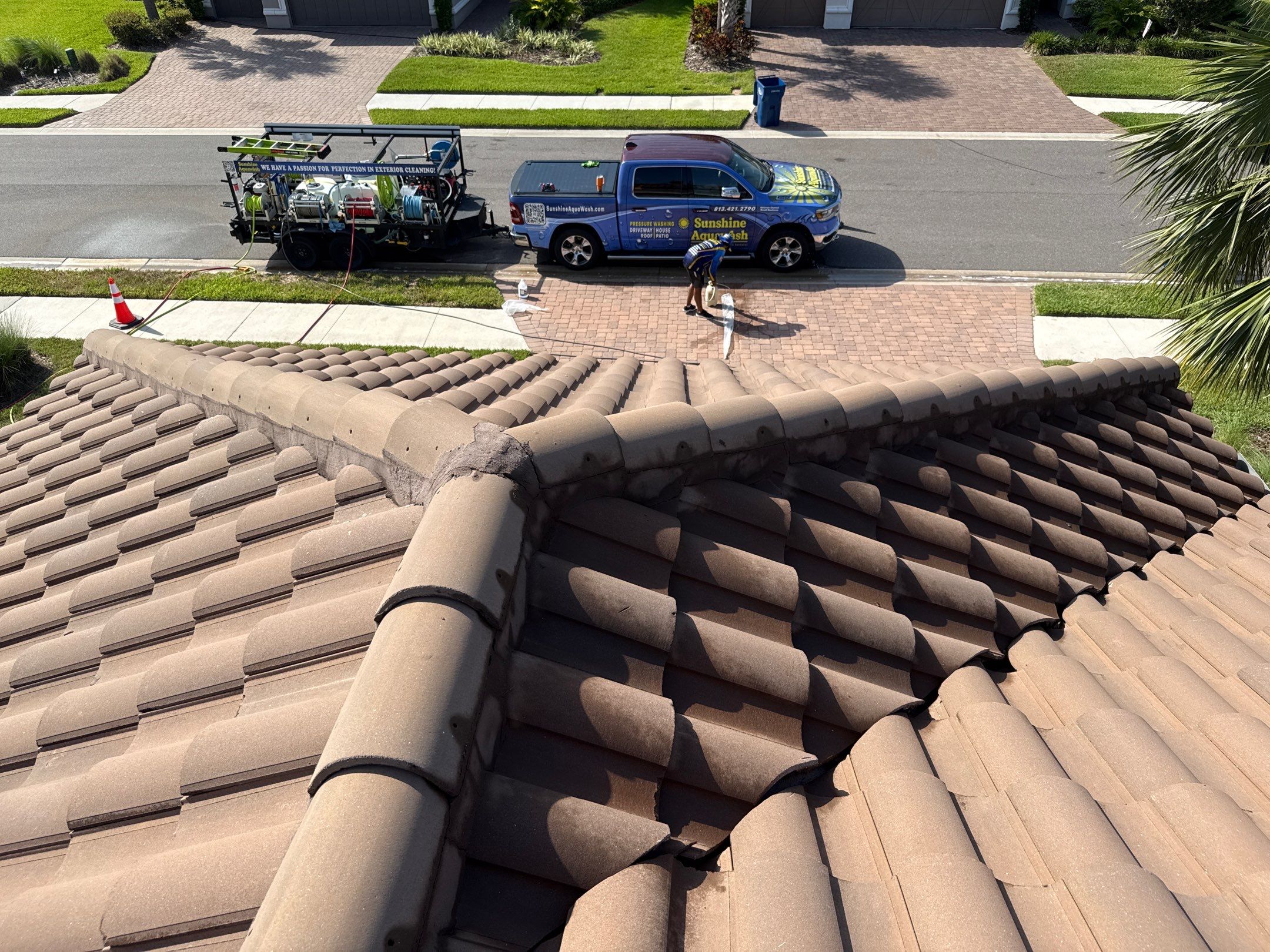 Soft Wash Roof Cleaning – Concrete Tile Roof | Artisan Lakes Esplanade, Palmetto, FL by Sunshine AquaWash