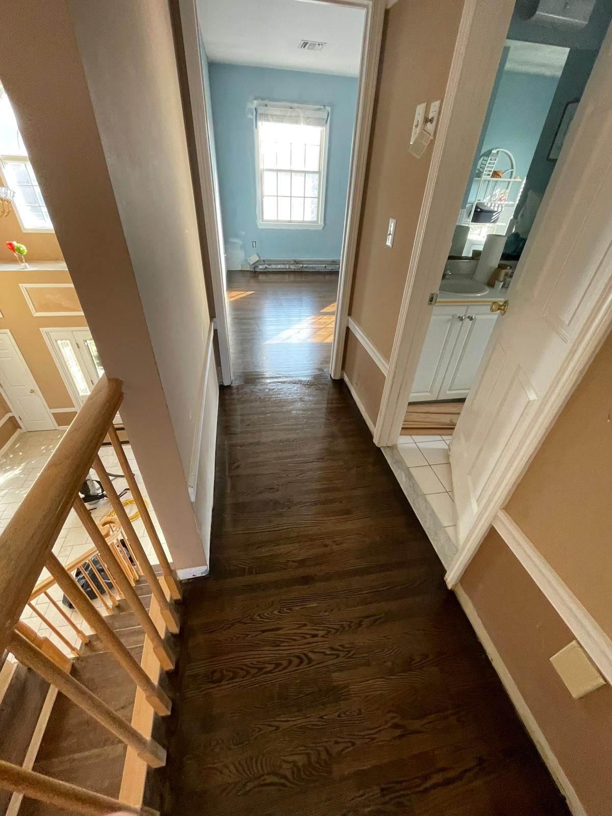 Install 1 1/2 Red Oak and Refinish with Jacobean Stain using Duraseal Jacobean with Bona Semi Gloss by Footprints Floors Morristown