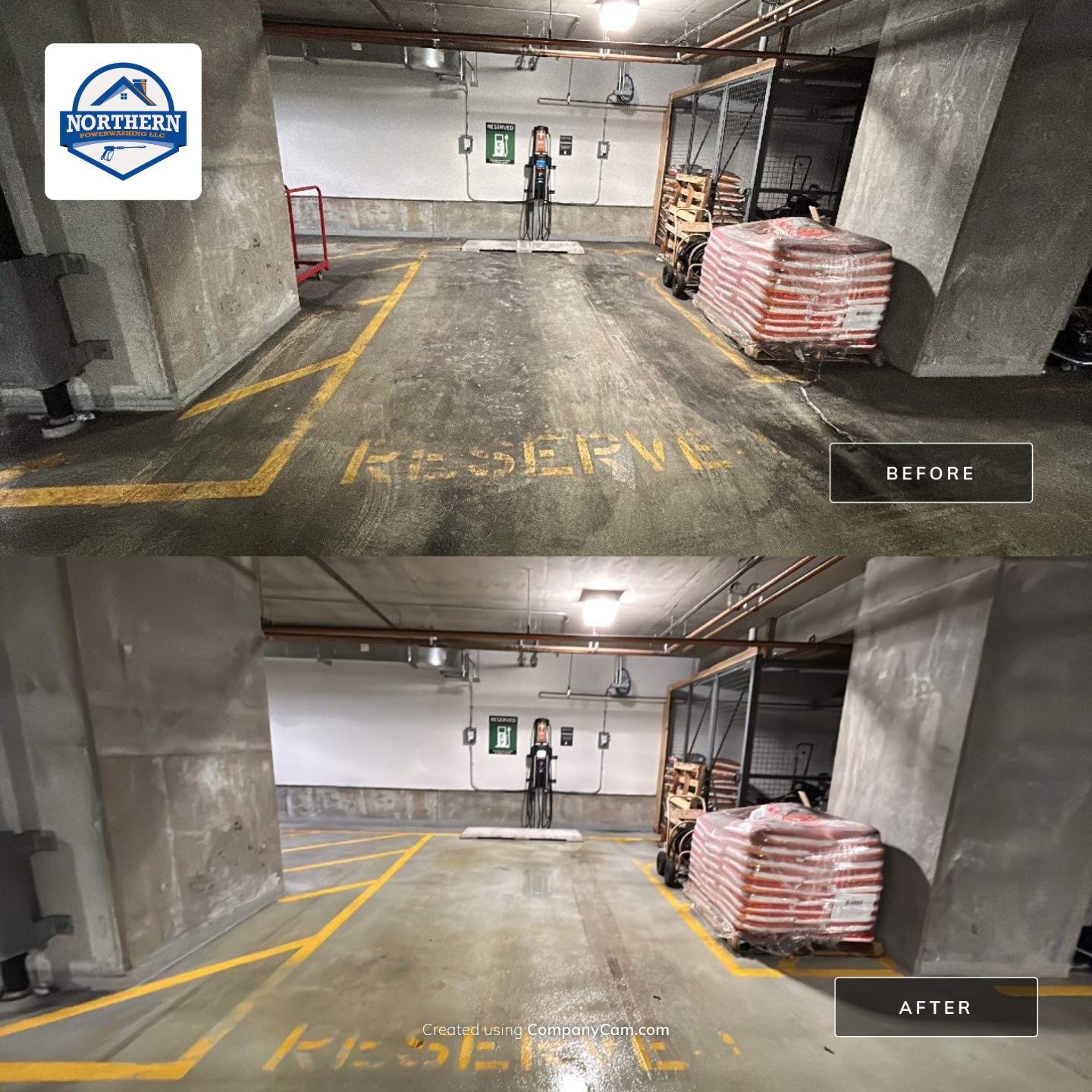 Parking garage using Hot water by Northern Power Washing LLC.