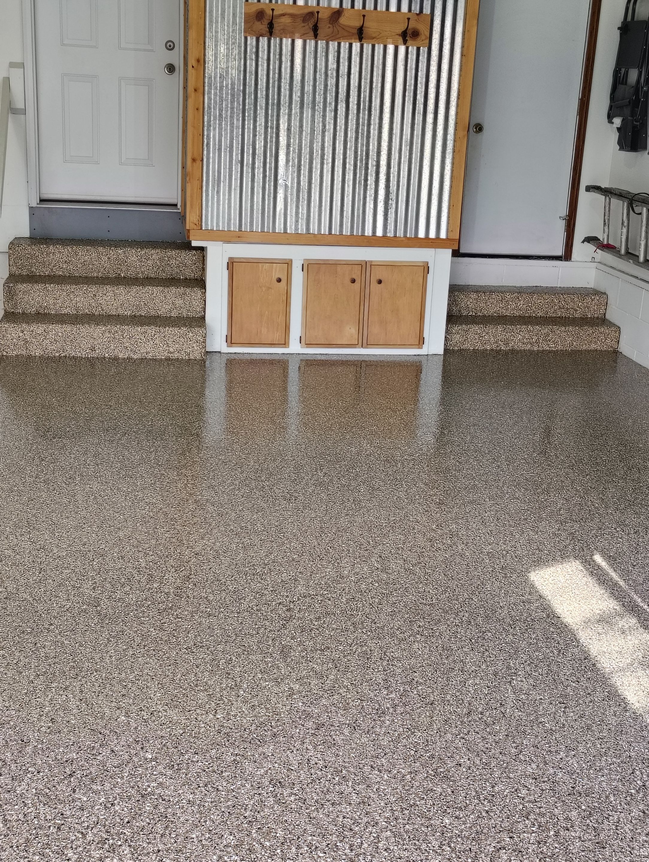 Multi-Colored Flake Epoxy Garage Floor Coating and Crack Repair by Select Painting, Coatings & Garage Cabinets