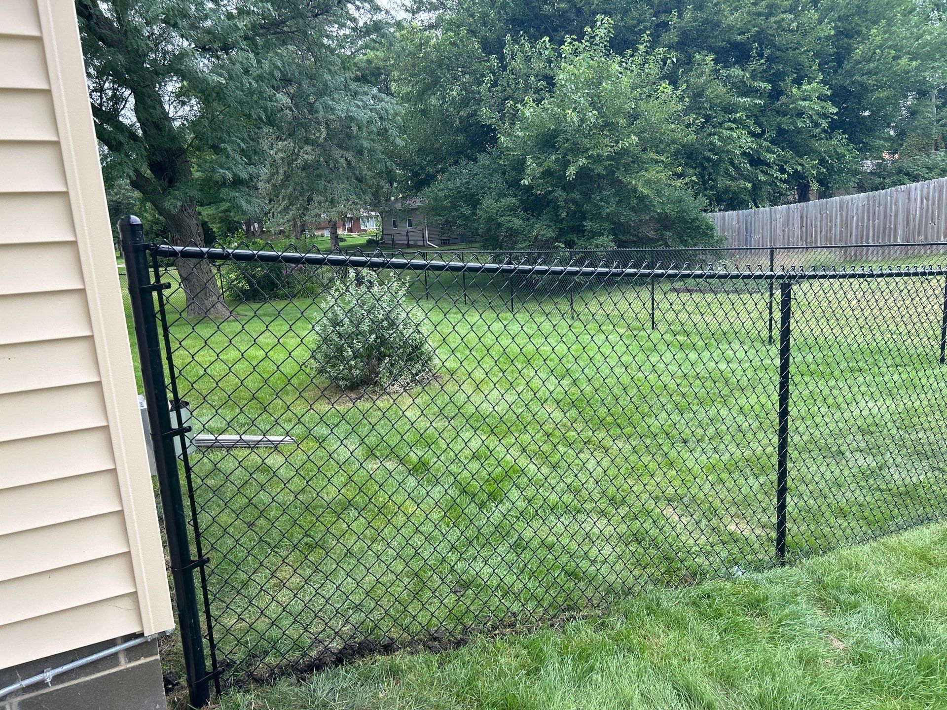 Black Vinyl-Coated Chain Link Fence Installation in Waterloo by Perfect Picket Fence and Stain