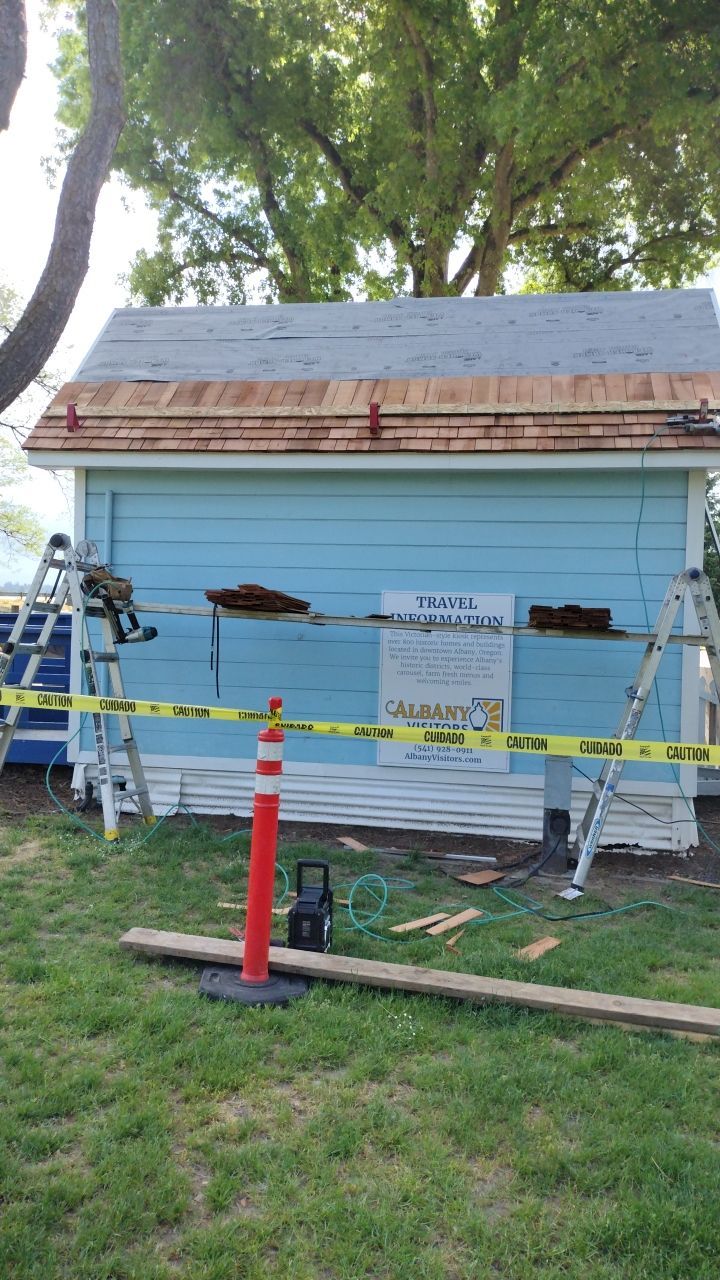 Cedar Shake Install using #1 Blue Label Cedar Shingles for the Albany Visitors Association  by Orezona Building & Roofing Company, Inc.