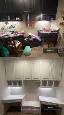 Before and after photo of built-in cabinetry sprayed white by Hill Country Painting in Driftwood, TX