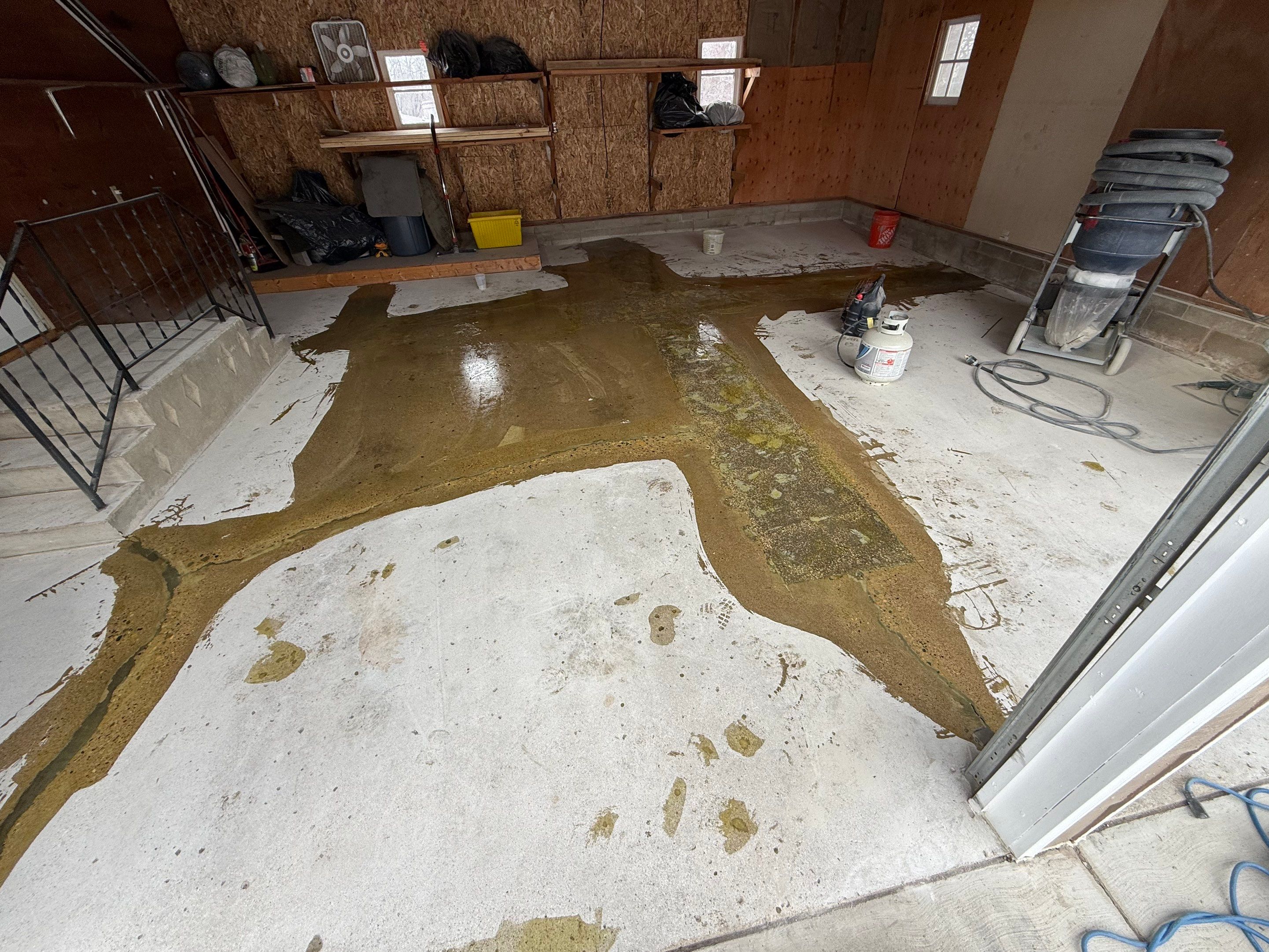 Multi-Colored Epoxy Garage Floor Coating and Concrete Stair Restoration by Select Painting, Coatings & Garage Cabinets