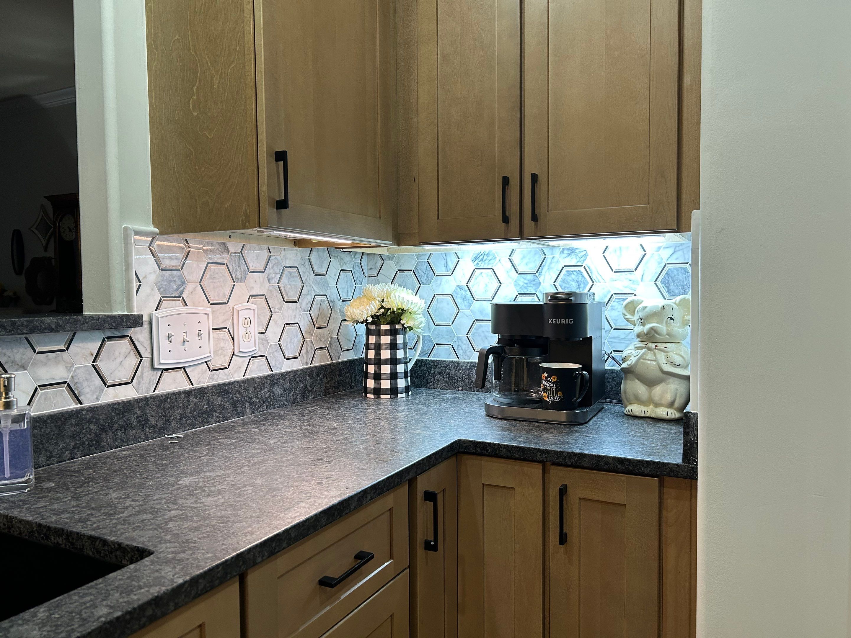 Hexagonal Marble Backsplash  by Footprints Floors of Nashville