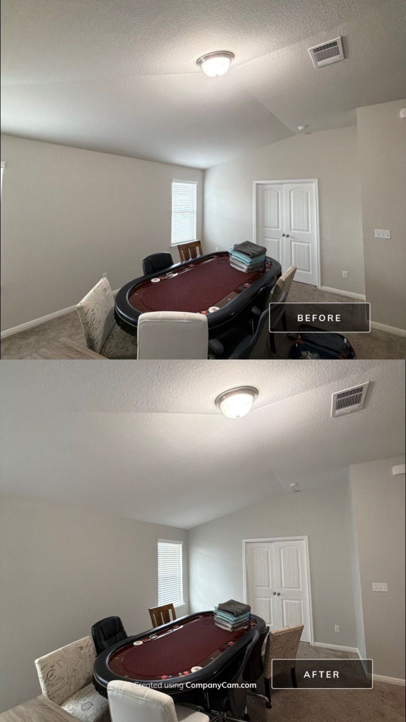 Before and after photo of an upstairs loft repainted by Hill Country Painting in Leander, TX