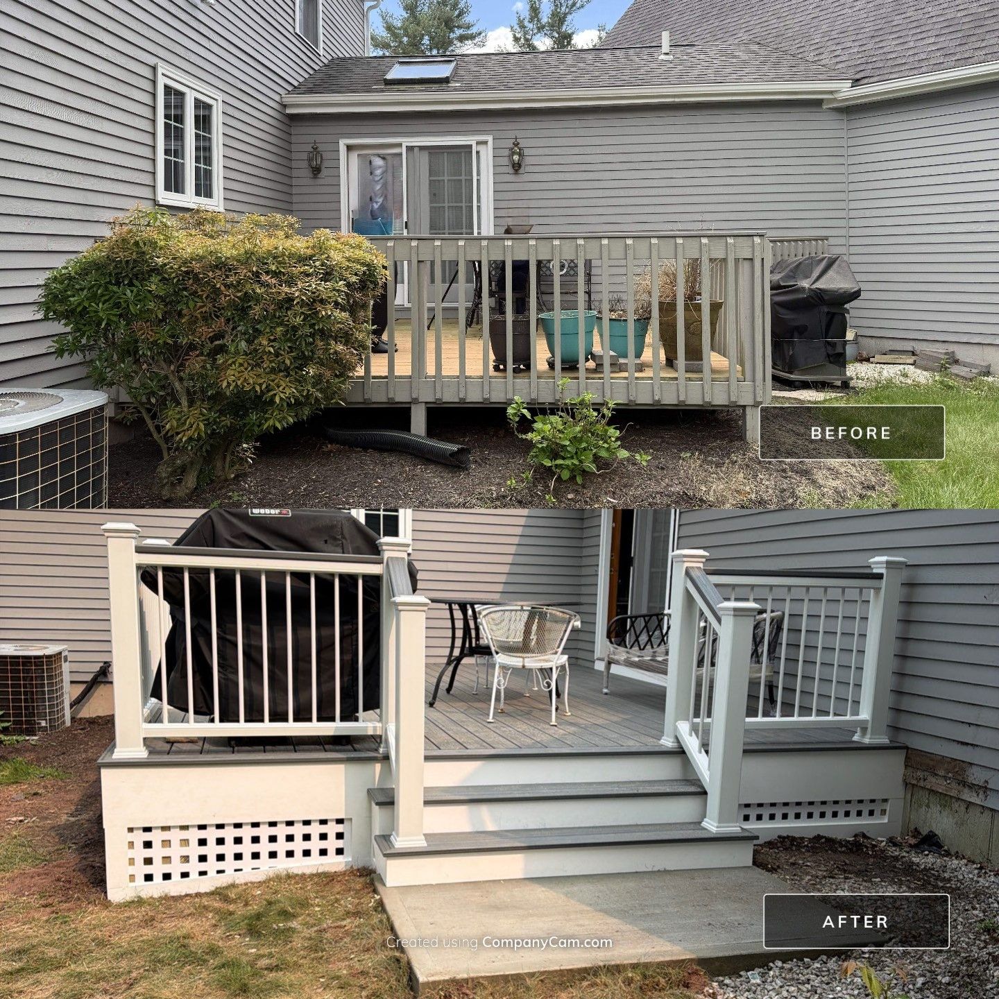 Replacement deck using Trex Tropical Island mist decking and matching cocktail railing. Enclosed with Lattice by DiGiorgi Roofing and Siding Inc