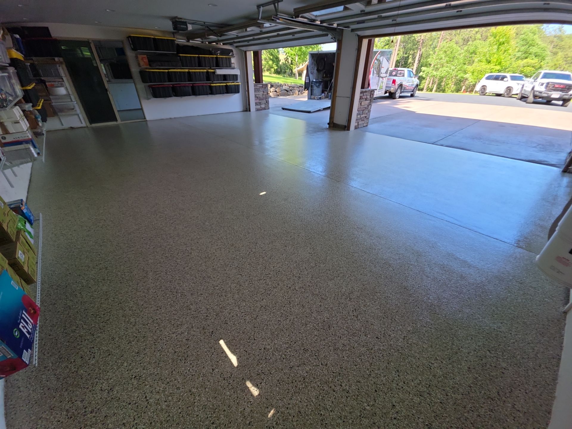 Garage Floor Transformation with Driftwood Flake Coating in Coeur d'Alene by Croc Coatings, LLC