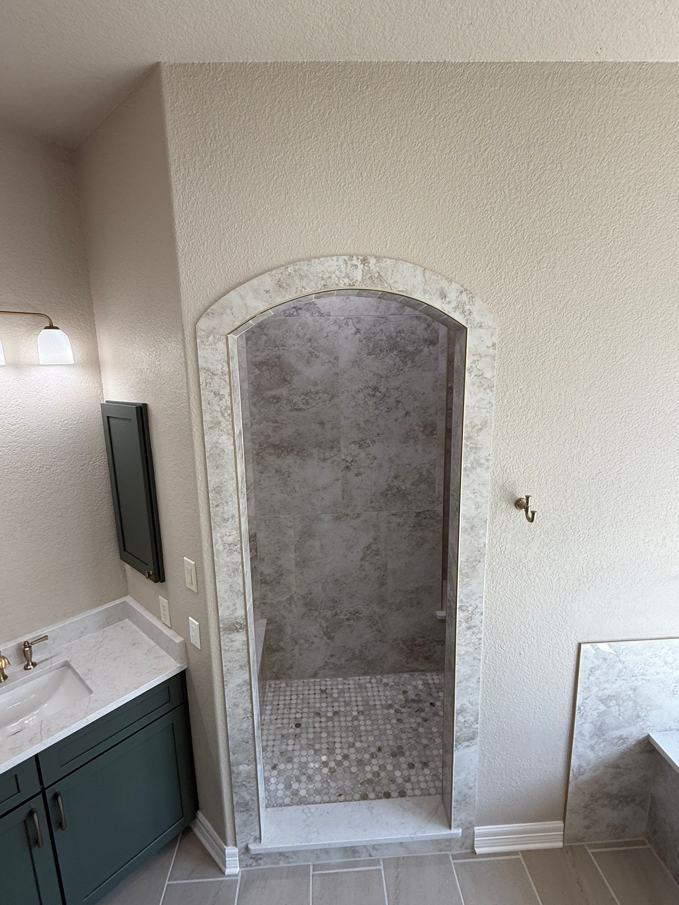 Garden Ridge Master Bathroom Remodel with Custom Walk-In Shower & Warm Green Vanity by Legacy Bath and Kitchen