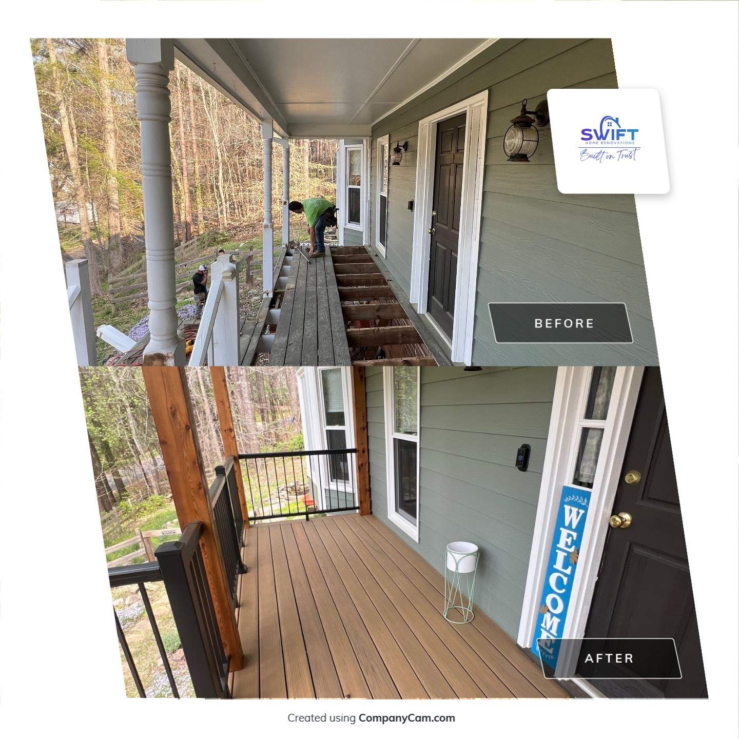 Composite Deck and Porch Renovation With Black Metal Railings by Swift Home Renovations 