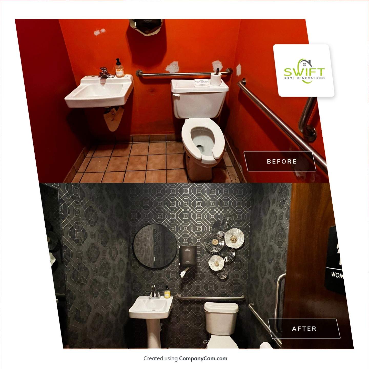 Commercial Restaurant Restroom Renovation Featuring Patterned Wallpaper in Smyrna by Swift Home Renovations