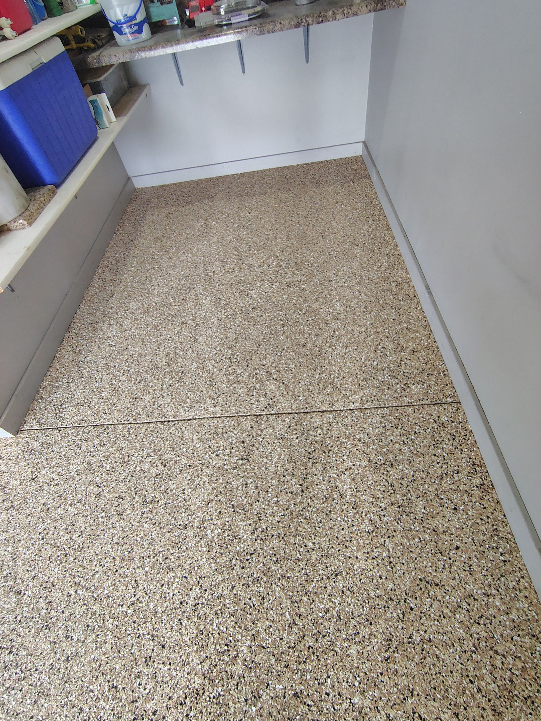 Multi-Colored Speckled Epoxy Concrete Coating for Residential Garage by Select Painting, Coatings & Garage Cabinets