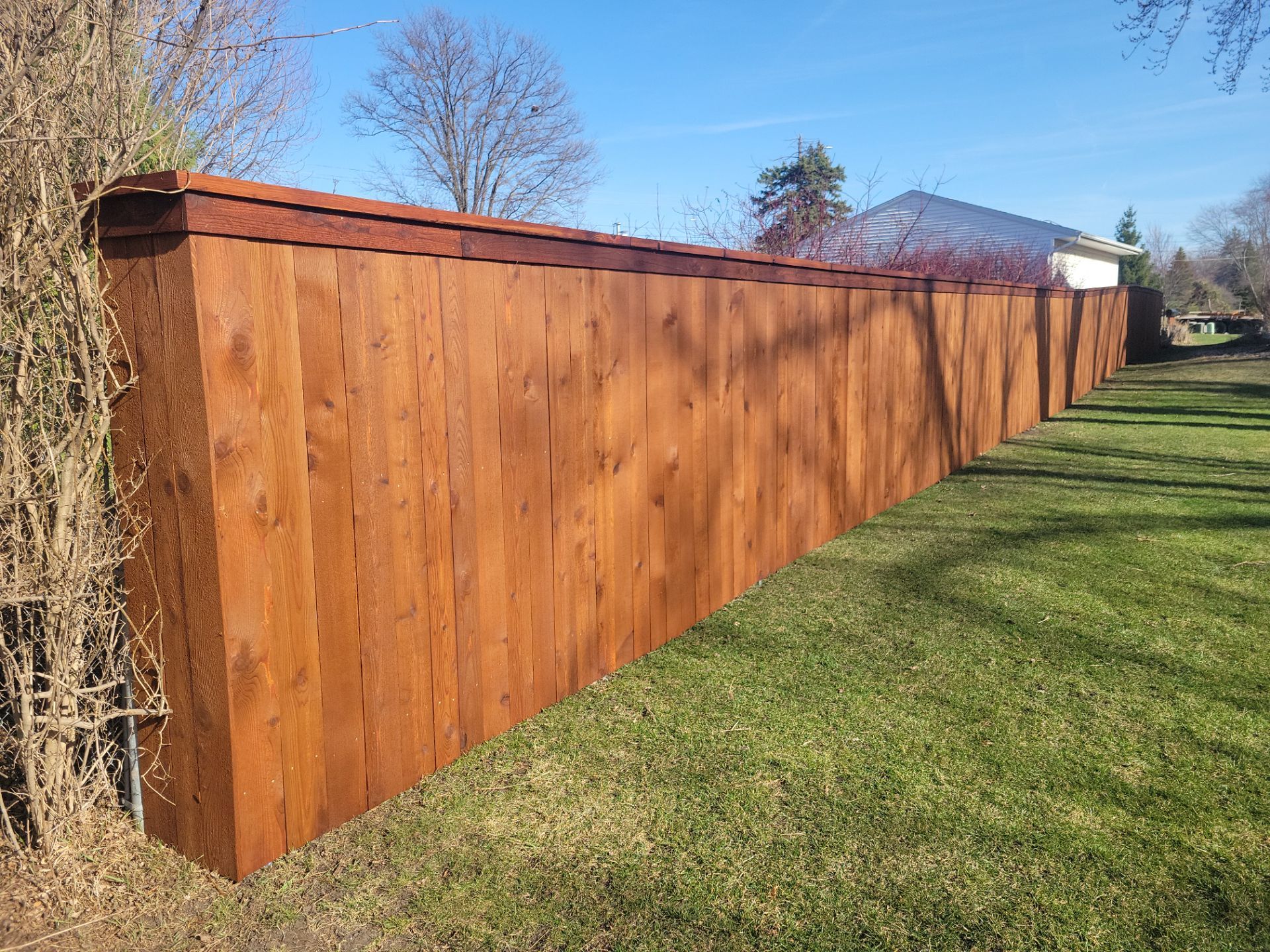 Custom Cedar Wood Privacy Fence with Double Gates and Integrated Planter Mailbox by Perfect Picket Fence and Stain
