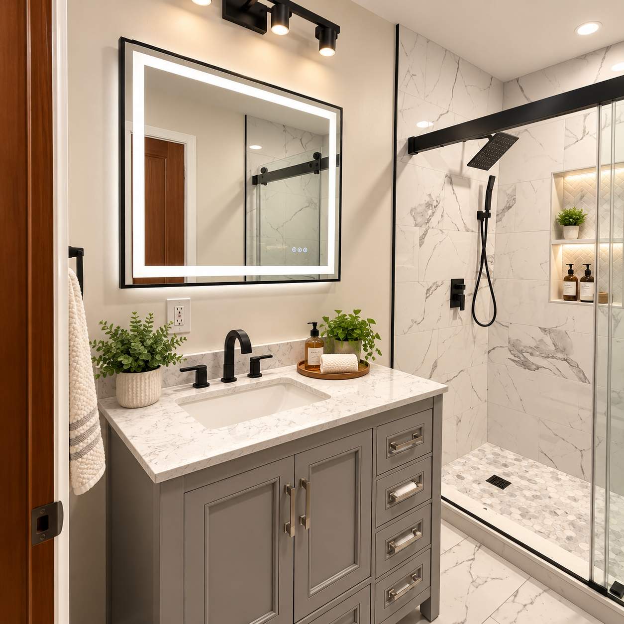 Modern Bathroom Remodel with Marble Tile & Matte Black Finishes