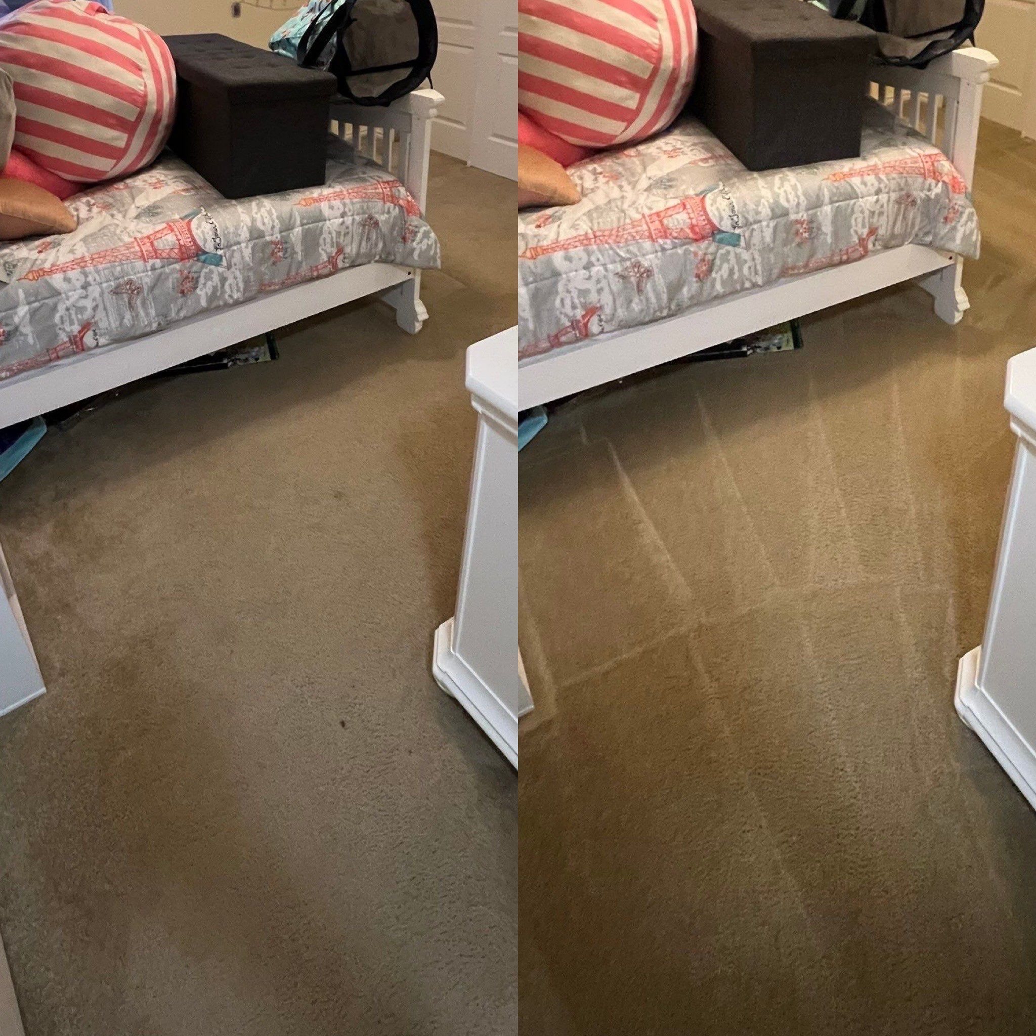 the service being done is carpet cleaning with visible differences in cleanliness and texture between the two areas shown