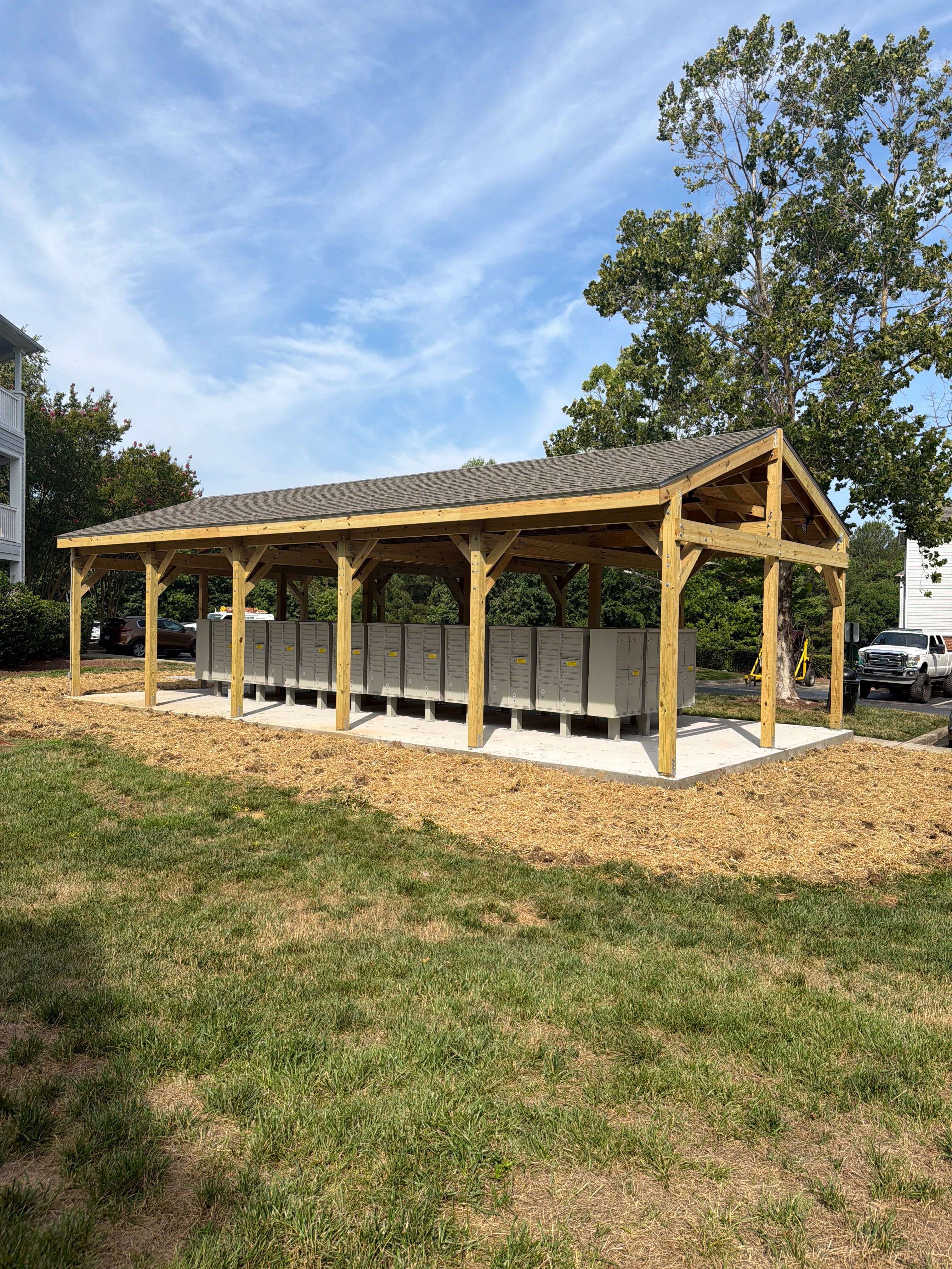 Custom Timber Frame Pavilion for Cluster Mailbox Units in Raleigh by Billy Weatherspoon Contractor