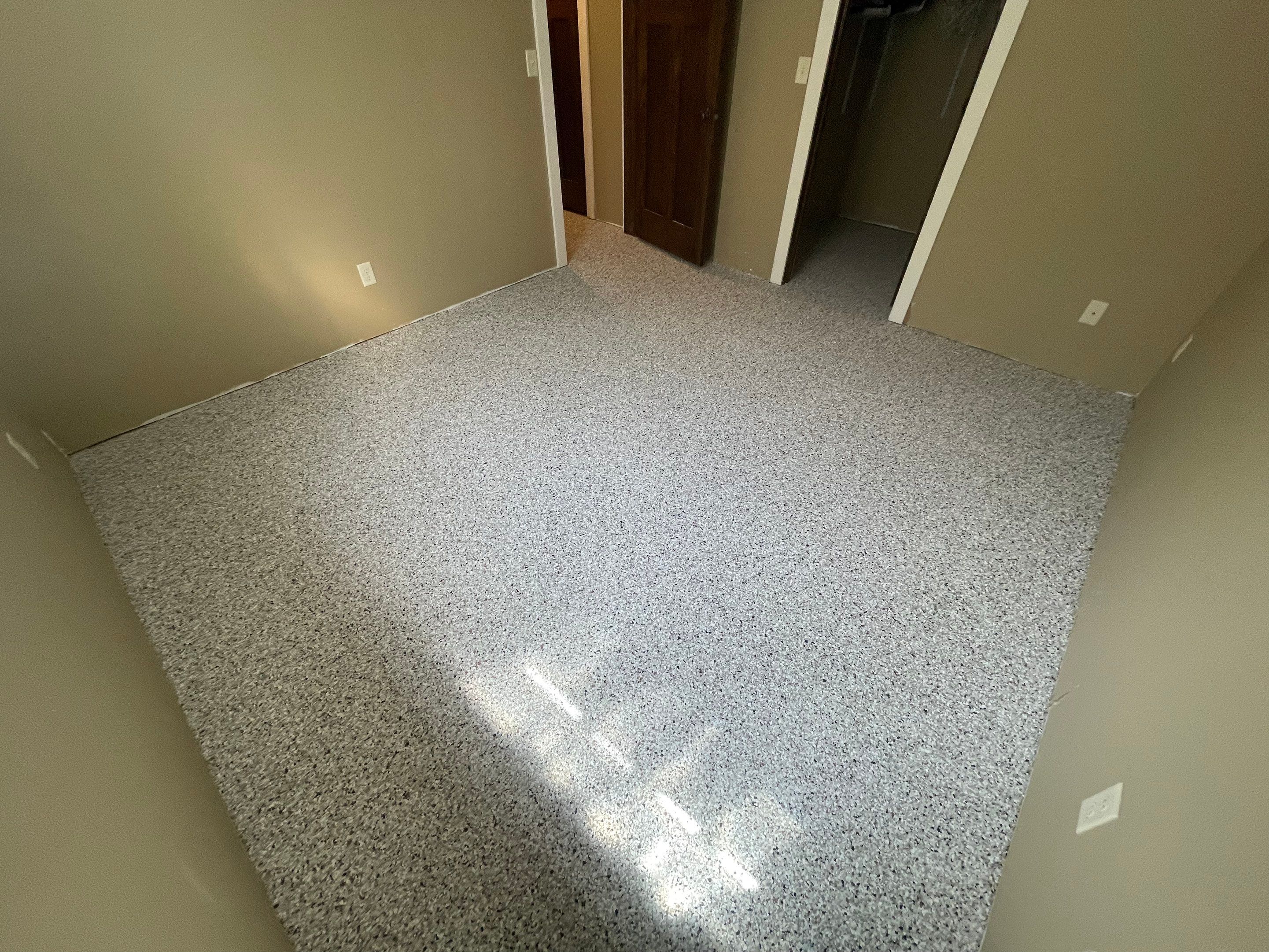 Decorative Flake Concrete Floor Coating for Larchwood Basement by Select Painting, Coatings & Garage Cabinets