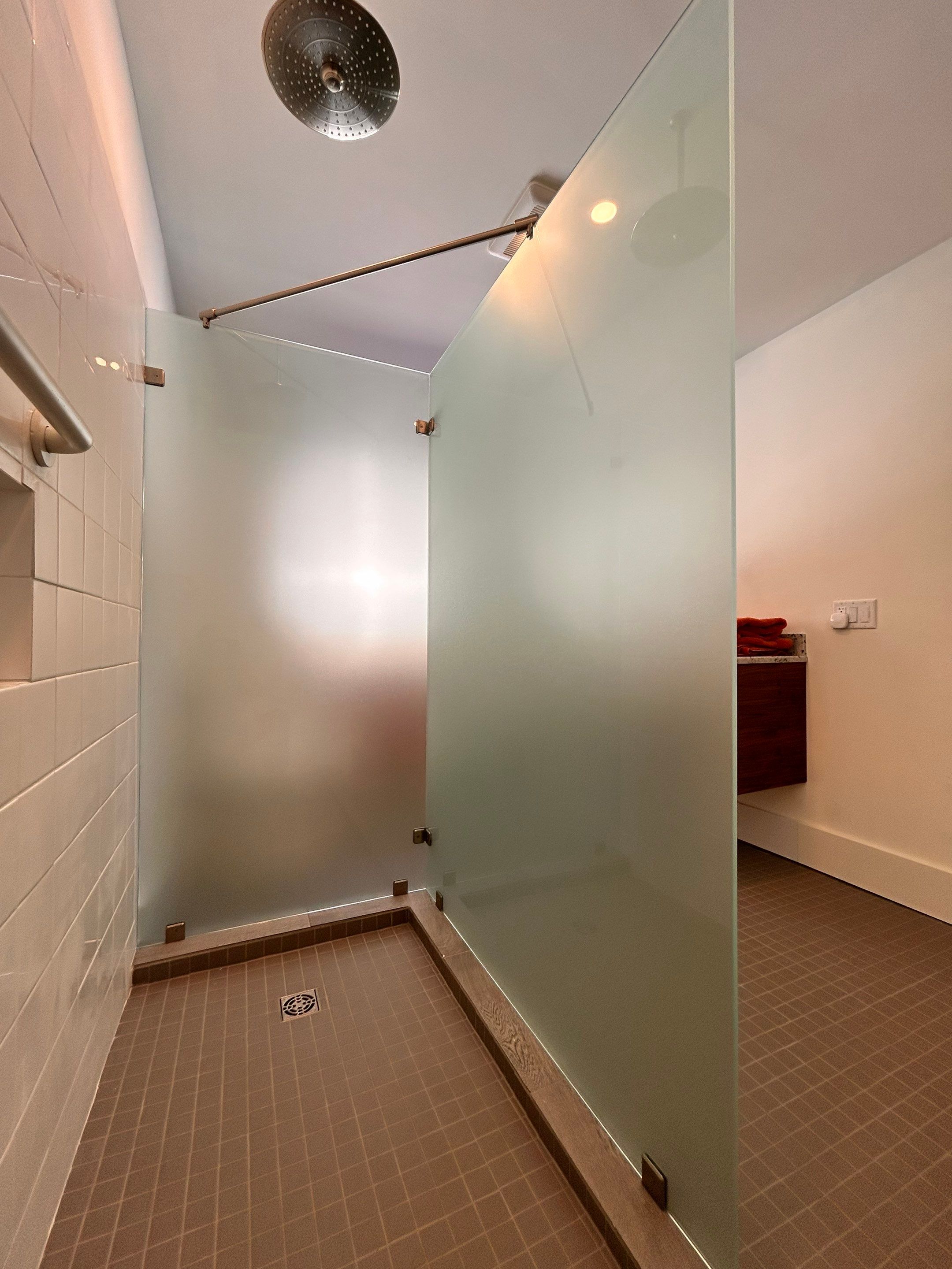Shower using Acid Etched (Frosted) Tempered Shower Glass by Cheshire Glass Company