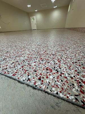 GO BIG RED: Custom Flake Epoxy Garage Floor in Lincoln by Goat Coatings