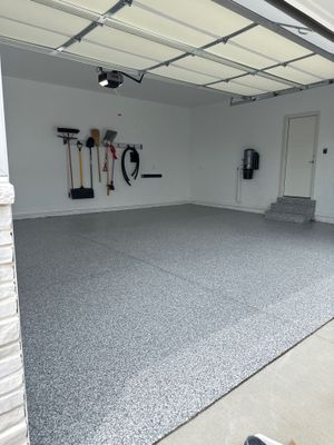 Gravel Flake Garage and Patio Floor Coating for Boone Residence