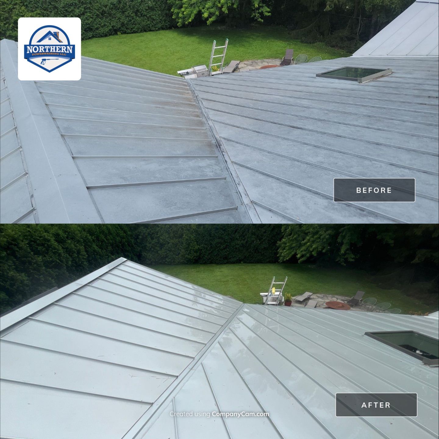 roof washing using Algaecide, soft wash soap by Northern Power Washing LLC.