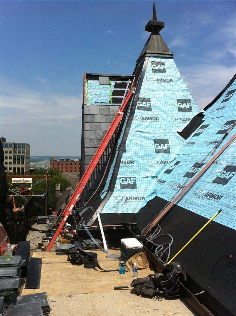 Historic Building ROOF REPLACEMNT with GAF TruSlate  on steep slop and Versico 60mil TPO on flat roof by Gorilla Exteriors Contracting, LLC