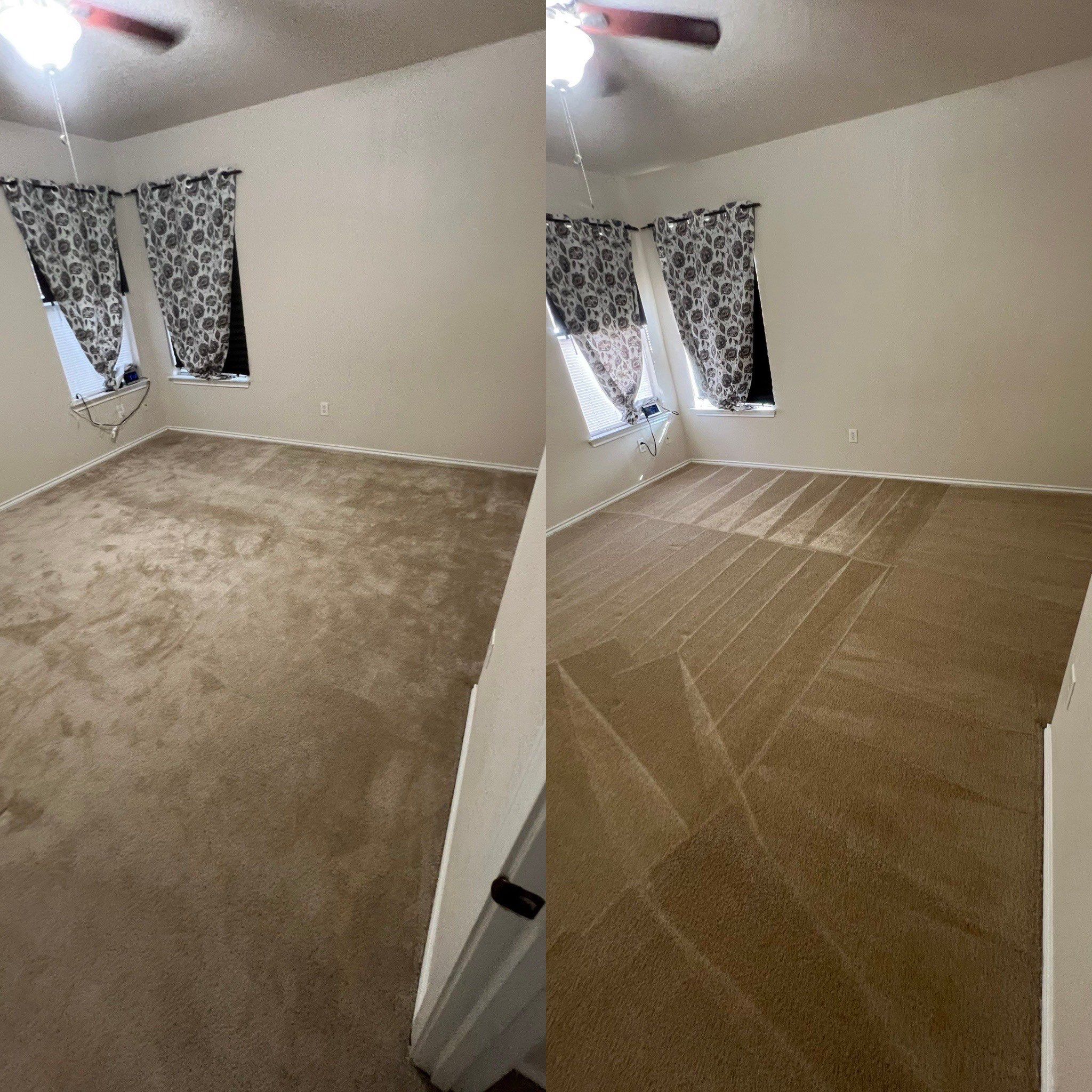 the service being done is carpet cleaning with visible improvement in cleanliness and vacuum lines on the carpet surface